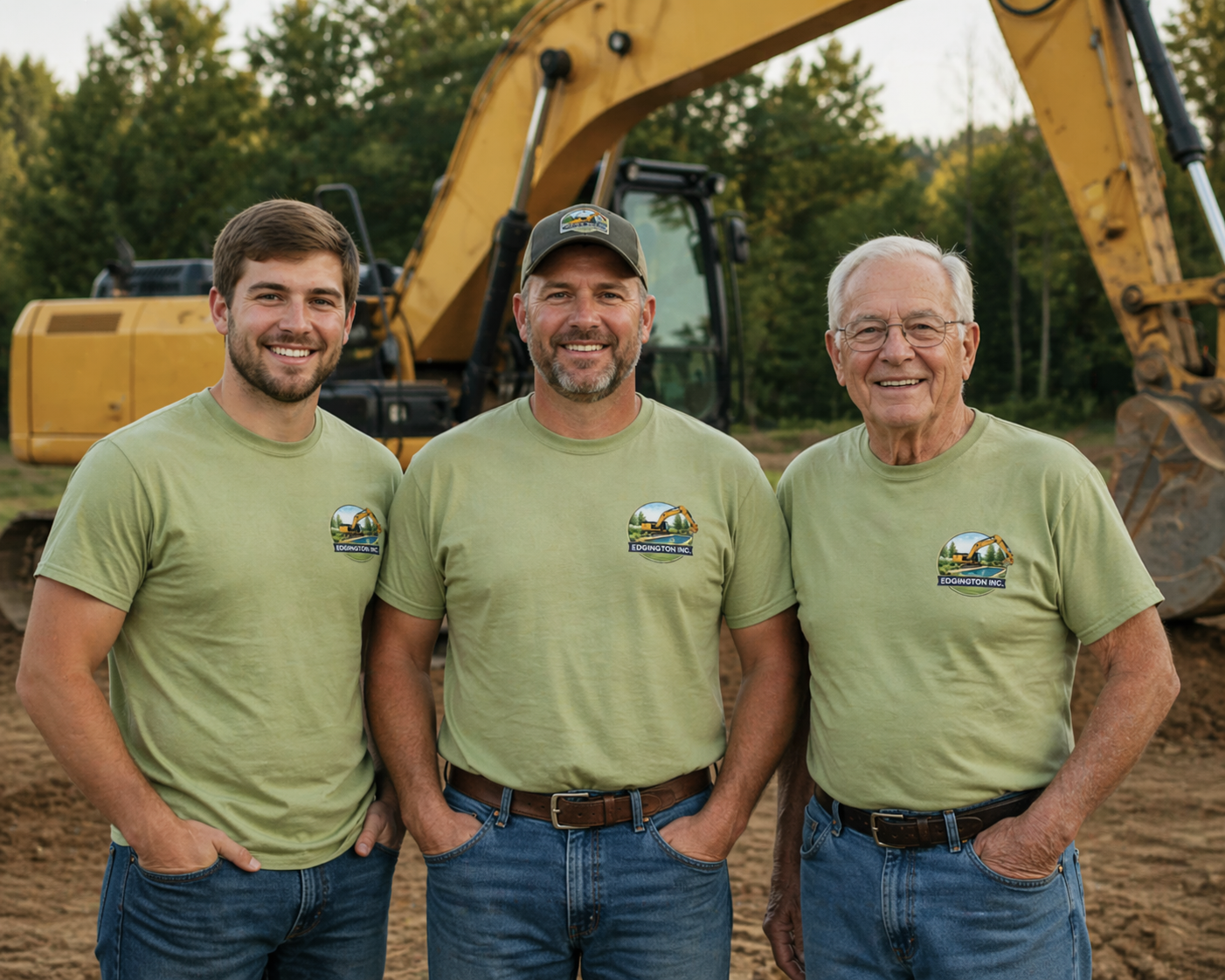 Three men standing in front of a construction excavator, smiling, wearing matching light green T-shirts with a logo, outdoors in a wooded area.
