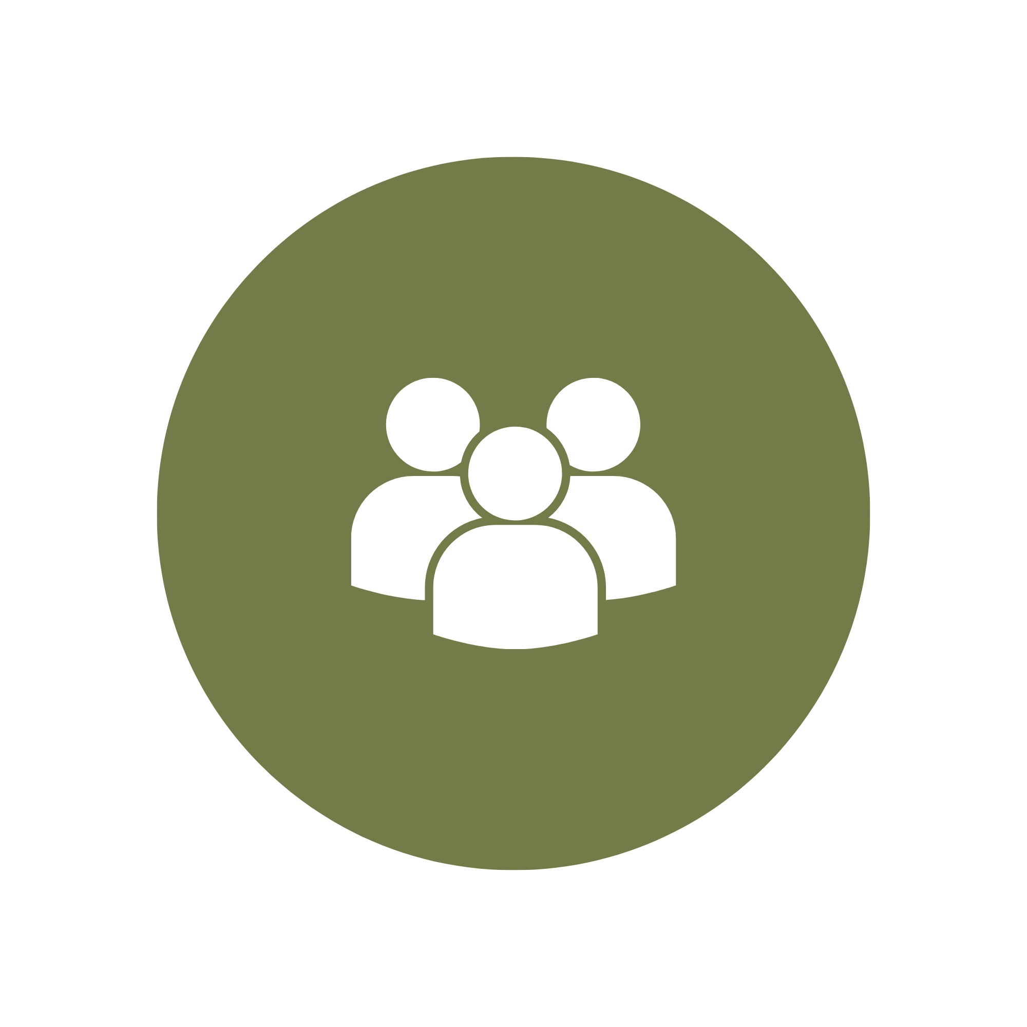 A graphic with a green circular background featuring a white icon of a person in front of a cluster of smaller circles, symbolizing a group or community.