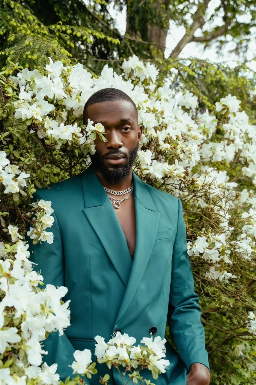 A man with a beard and short hair wearing a teal suit, standing among white flowering bushes, with branches and greenery in the background.