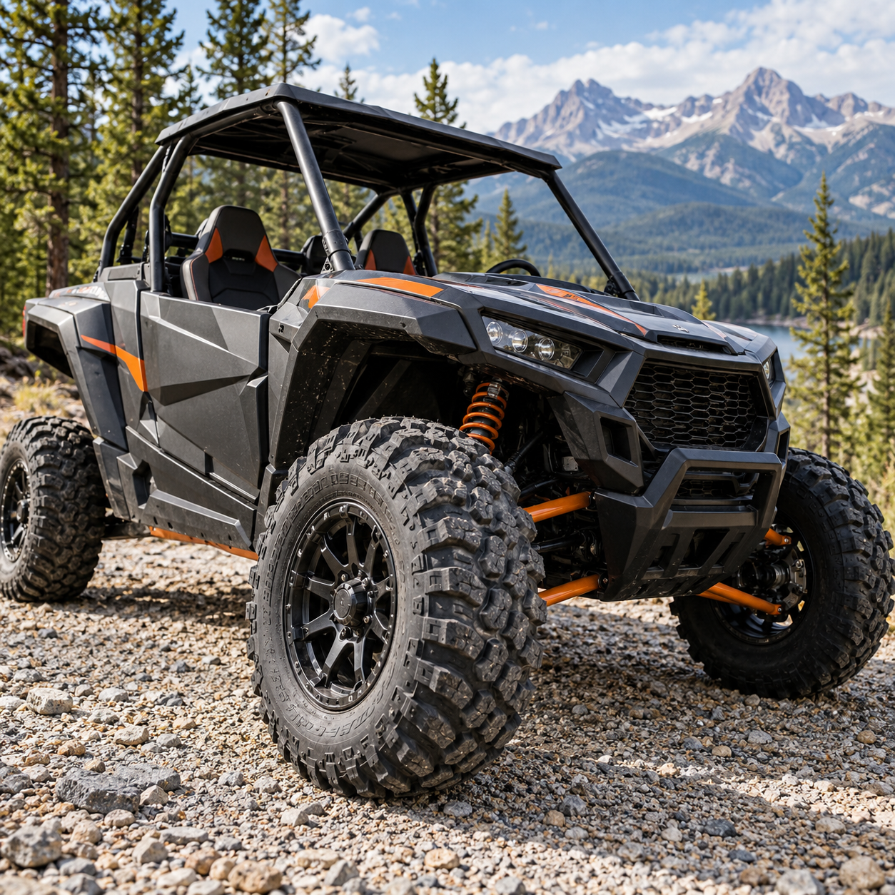 Side-by-side UTV with off-road tires on a rocky mountain trail