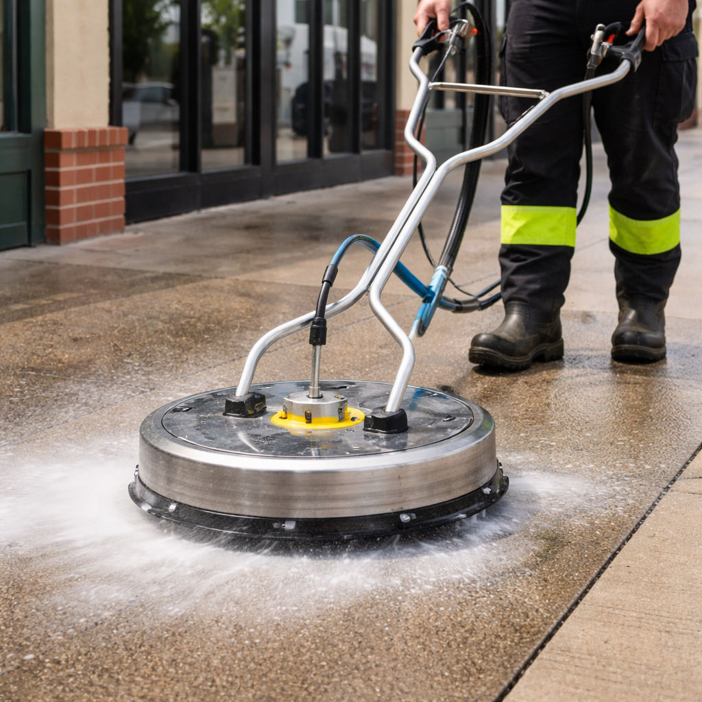 A worker cleaning a concrete sidewalk with a large power floor scrubber machine.