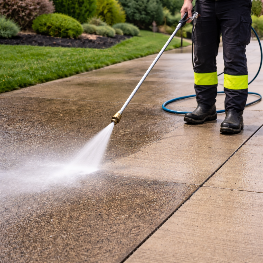 A person wearing black pants with yellow reflective stripes and black boots power washing a concrete sidewalk in a landscaped front yard.