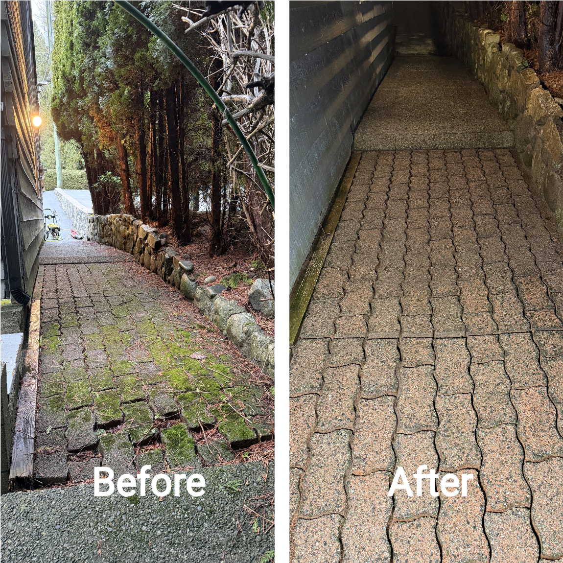 Two side-by-side photos showing a pathway. The left photo shows the pathway with cracked, moss-covered paving stones, uneven tiles, and fallen leaves, labeled "Before." The right photo shows the same pathway with clean, evenly laid brick pavers, labeled "After.".