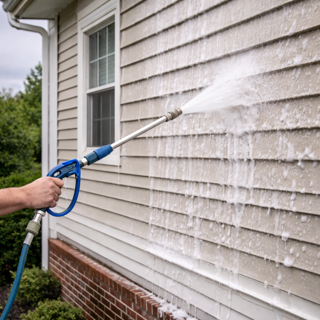 Person using a pressure washer to clean the exterior beige siding of a house outside.