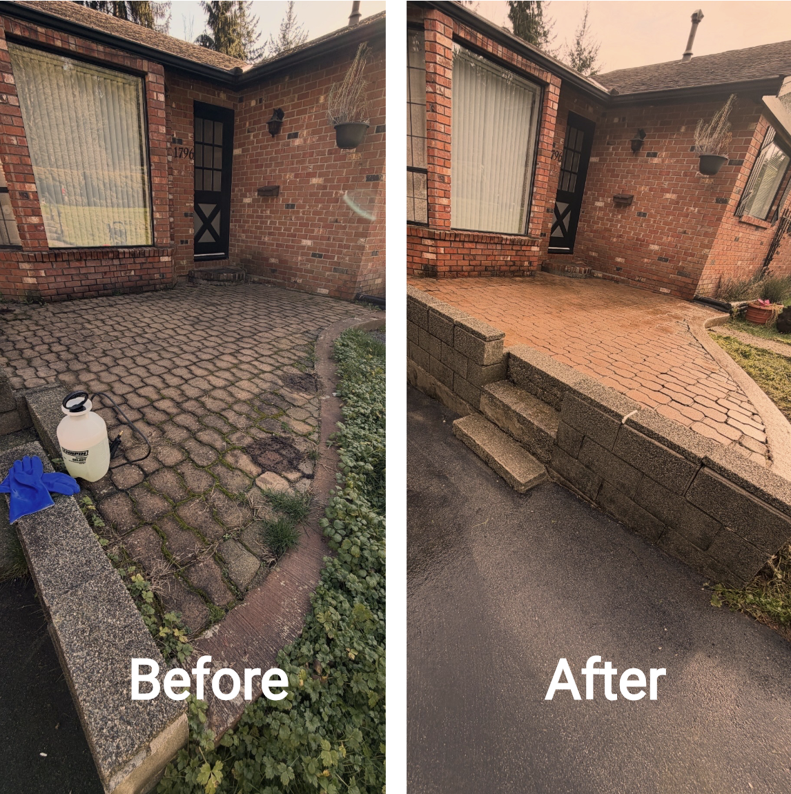 Comparison of a brick front porch before and after cleaning or renovation. The "before" side shows moss and weeds among the paving stones, a spray bottle, and cleaning gloves. The "after" side shows a clean, brick-paved area with fresh mortar and new stone steps.