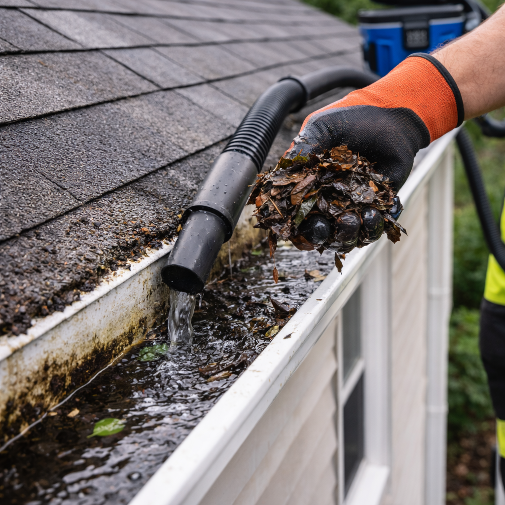 A person wearing an orange glove using a hose to clean out leaves and debris from a gutter on a residential house.