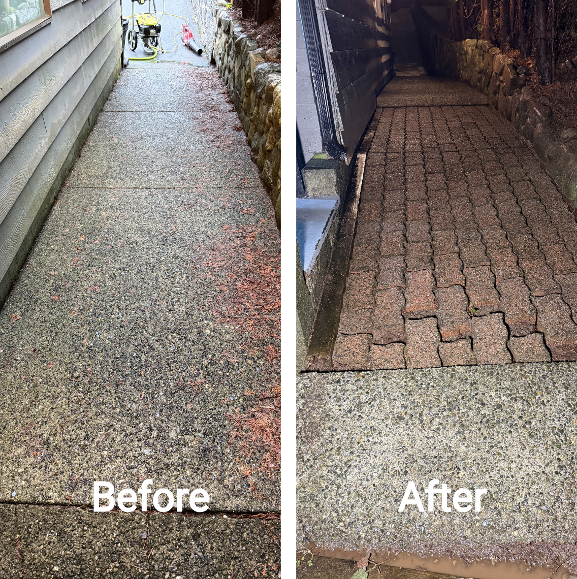 Comparison of a sidewalk before and after cleaning or maintenance. The 'Before' side shows a concrete sidewalk with dirt, stains, and leaves, while the 'After' side shows a cleaner, more vibrant brick-paved walkway with some water and fresh appearance.