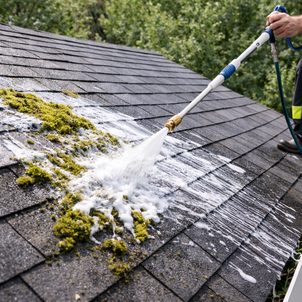 A person pressure washing moss and dirt off a dark-colored shingle roof.