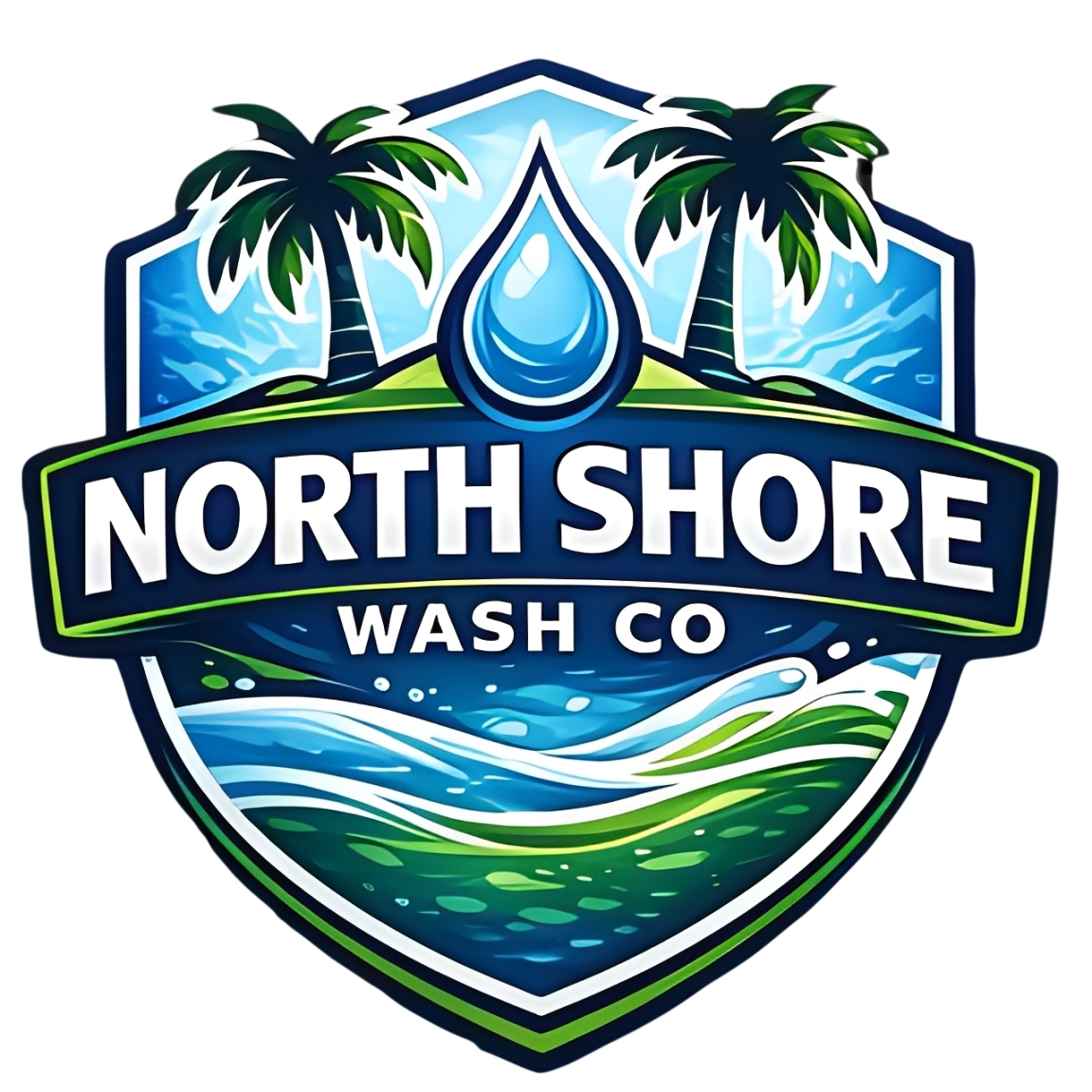 Logo for North Shore Wash Co featuring two palm trees, a water droplet, ocean waves, and text.