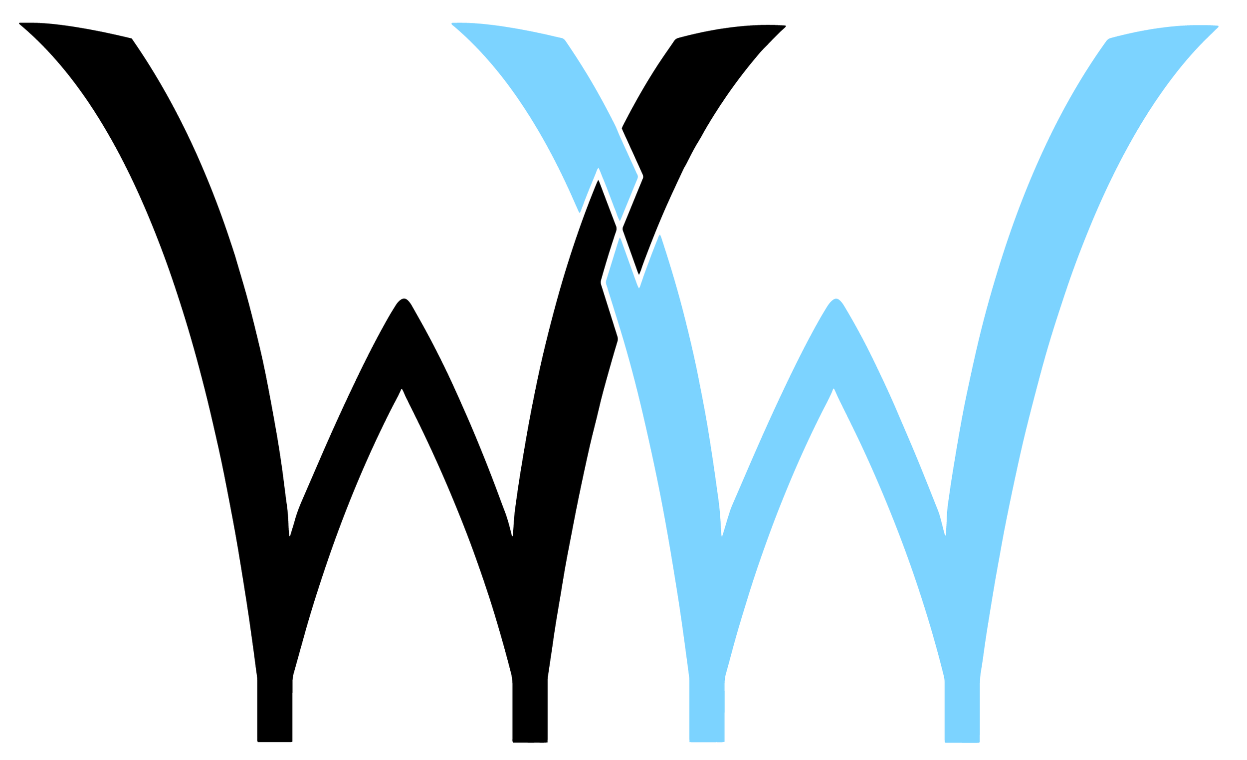 Stylized letter W with black and blue coloring, outlined in white, on a black background.