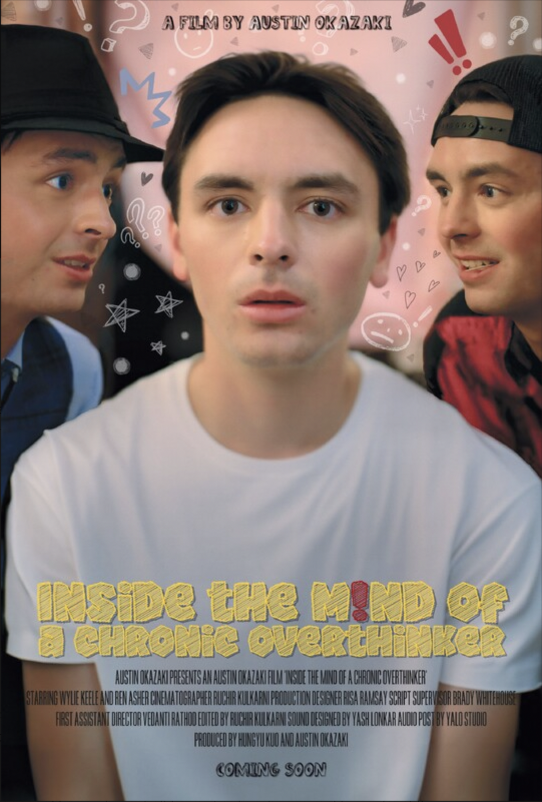 Film poster for 'Inside the Mind of a Chronic Overthinker' featuring three young men, with the central character looking surprised, and doodles of question marks, stars, and exclamation marks around them.