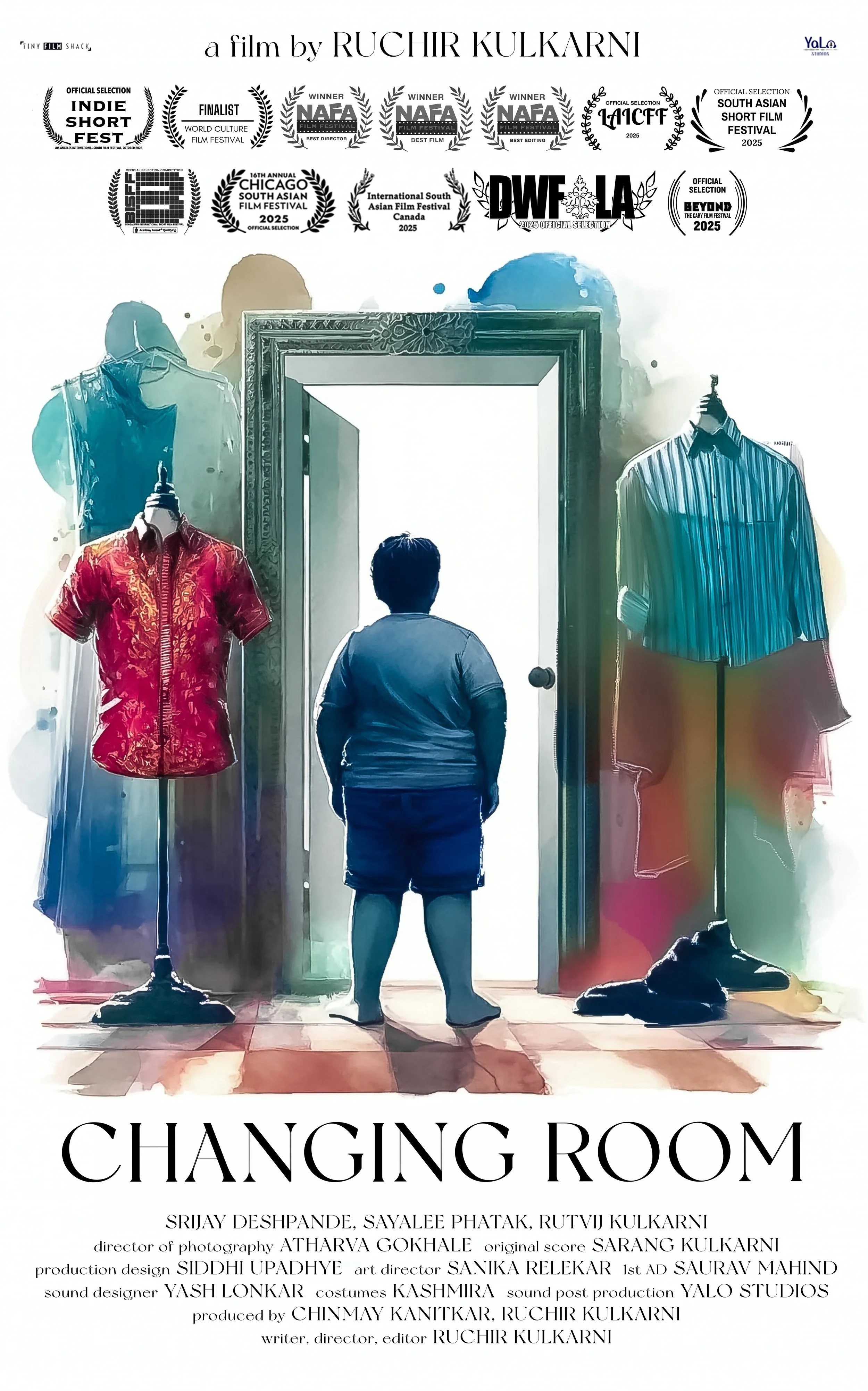 Poster for the film "Changing Room" featuring a person standing in front of an open door, with mannequins dressed in colorful clothes on either side. The poster displays multiple awards and festival selections at the top.