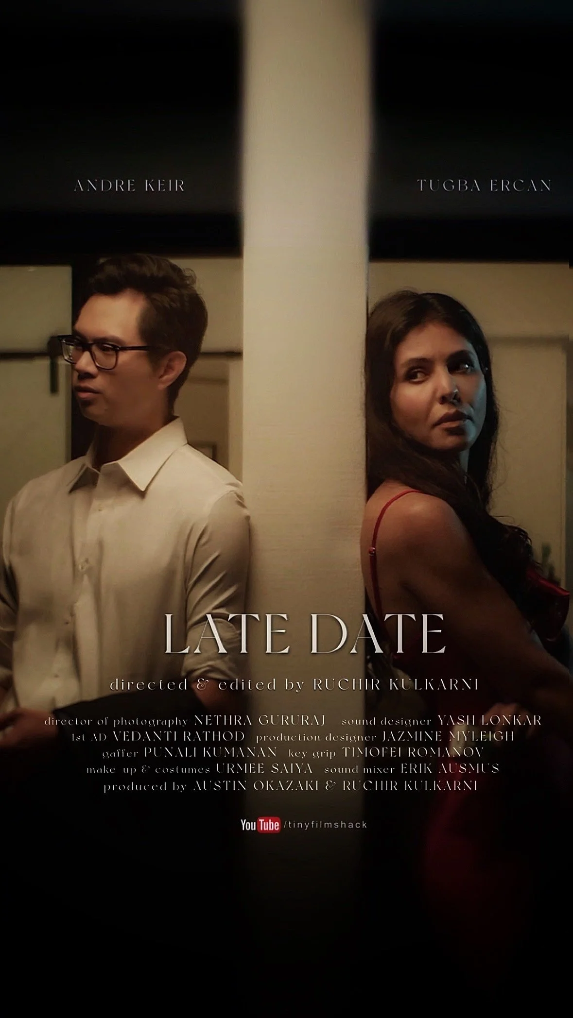 A poster for the film 'Late Date' showing a man and a woman separated by a wall, with their backs turned to each other, both looking away. The poster includes the names Andre Keir and Tugba Ercan and credits for the director, photography, sound design, and production team, along with a YouTube link.