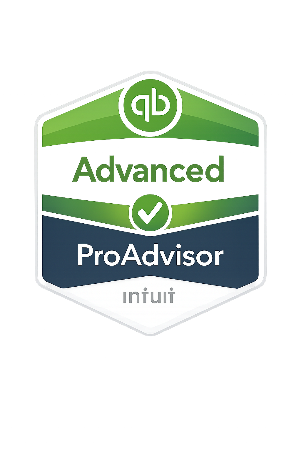 Badge with green and blue sections displaying the logos of QuickBooks, the word "Advanced," a checkmark, and the words "ProAdvisor" and "Intuit."