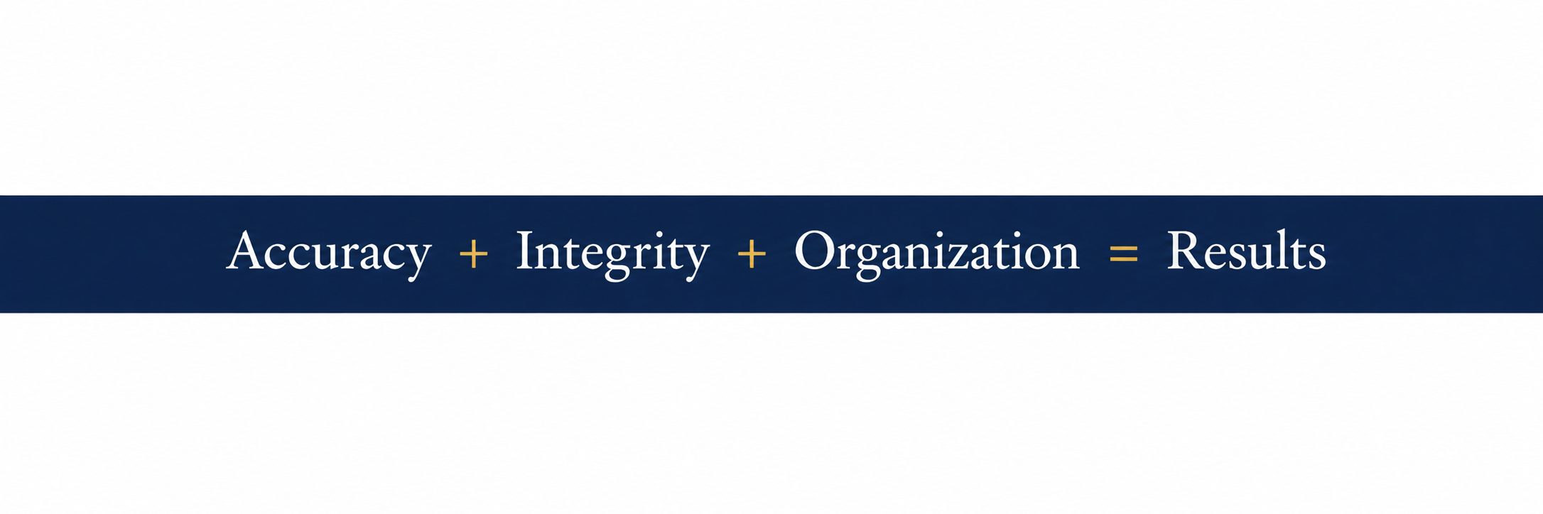 A digital banner with a dark blue background featuring the text 'Accuracy + Integrity + Organization = Results' in white and gold, centered horizontally.
