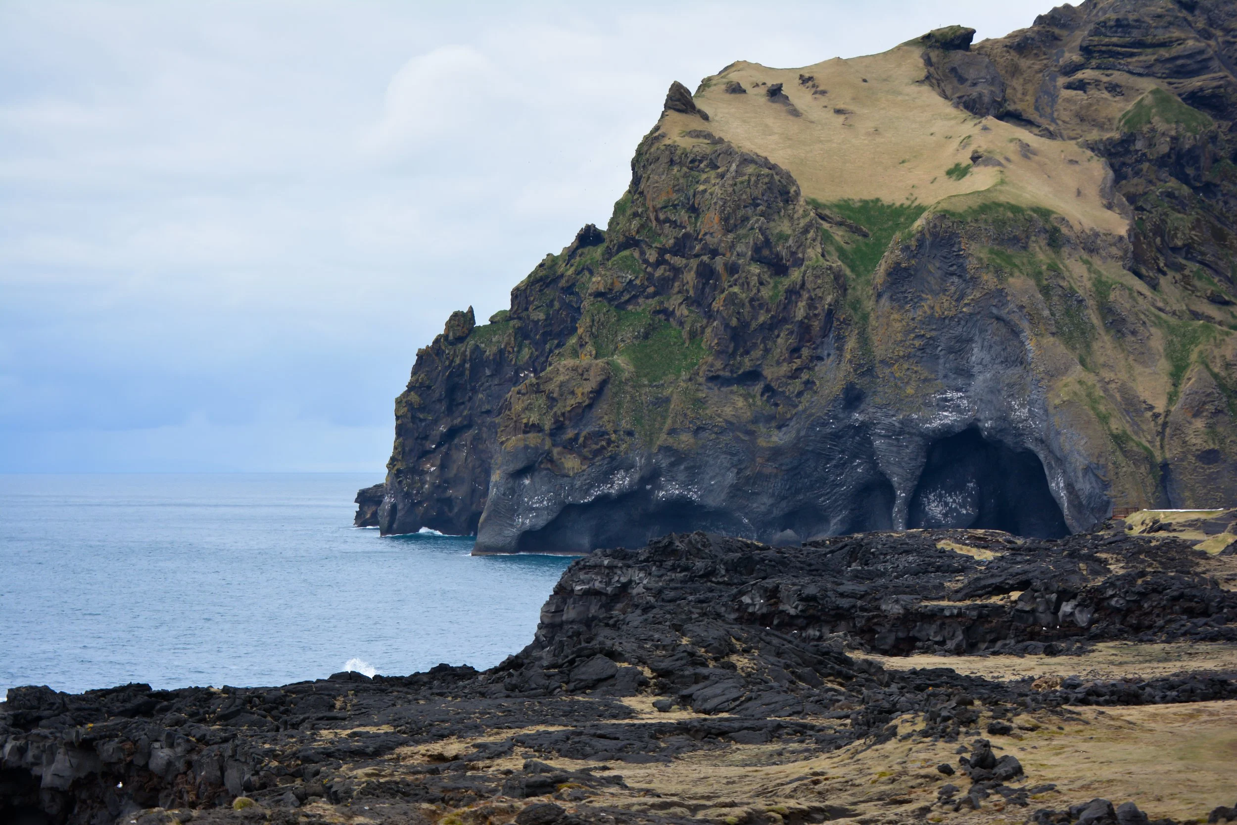 Dark volcanic cliffs and rocks along a rugged coastline, with caves visible at the base and green patches on the slopes, under cloudy sky.