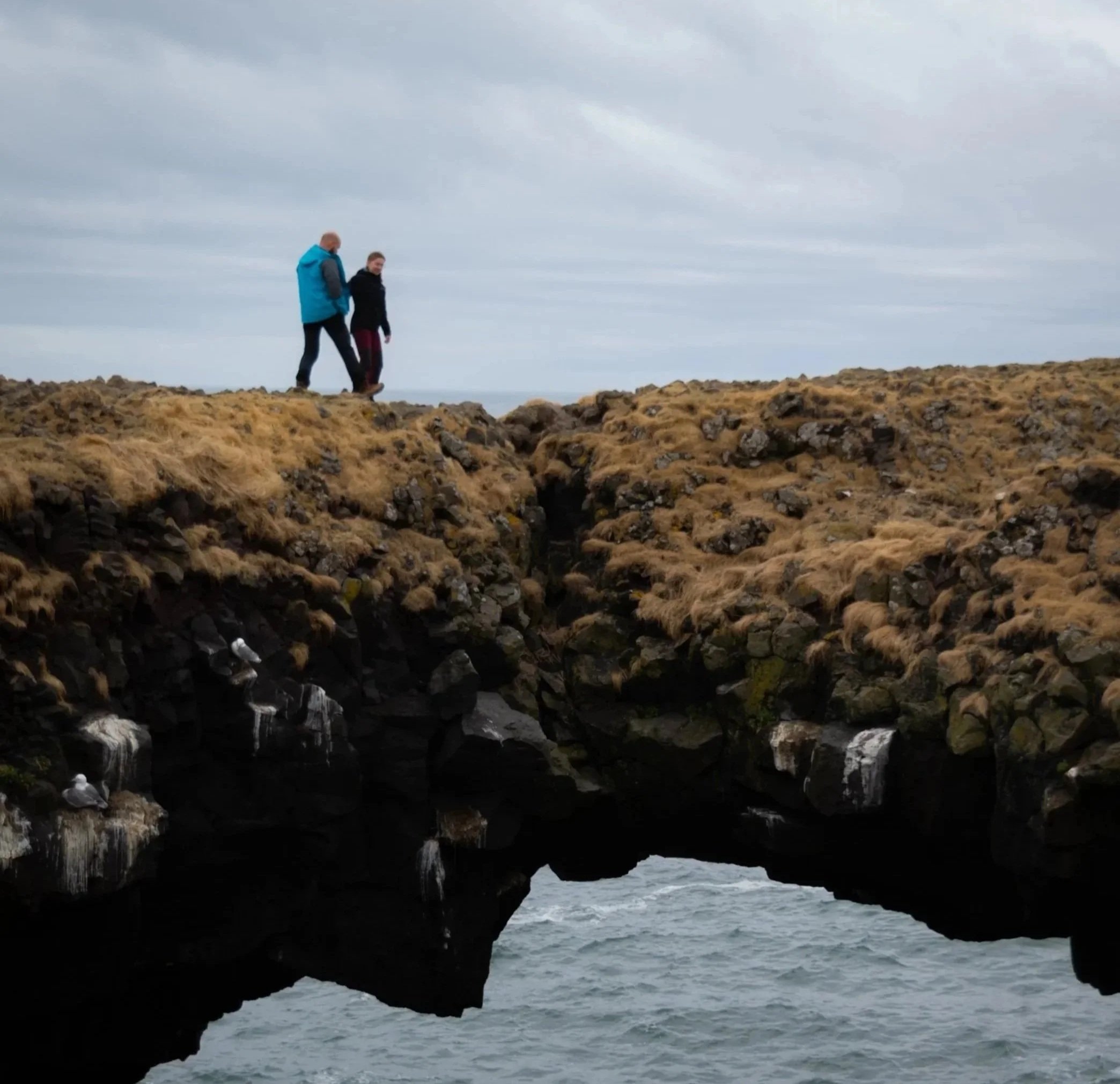 Cliffs with arch formations overlooking the ocean under an overcast sky, with birds perched on rocks at the base.