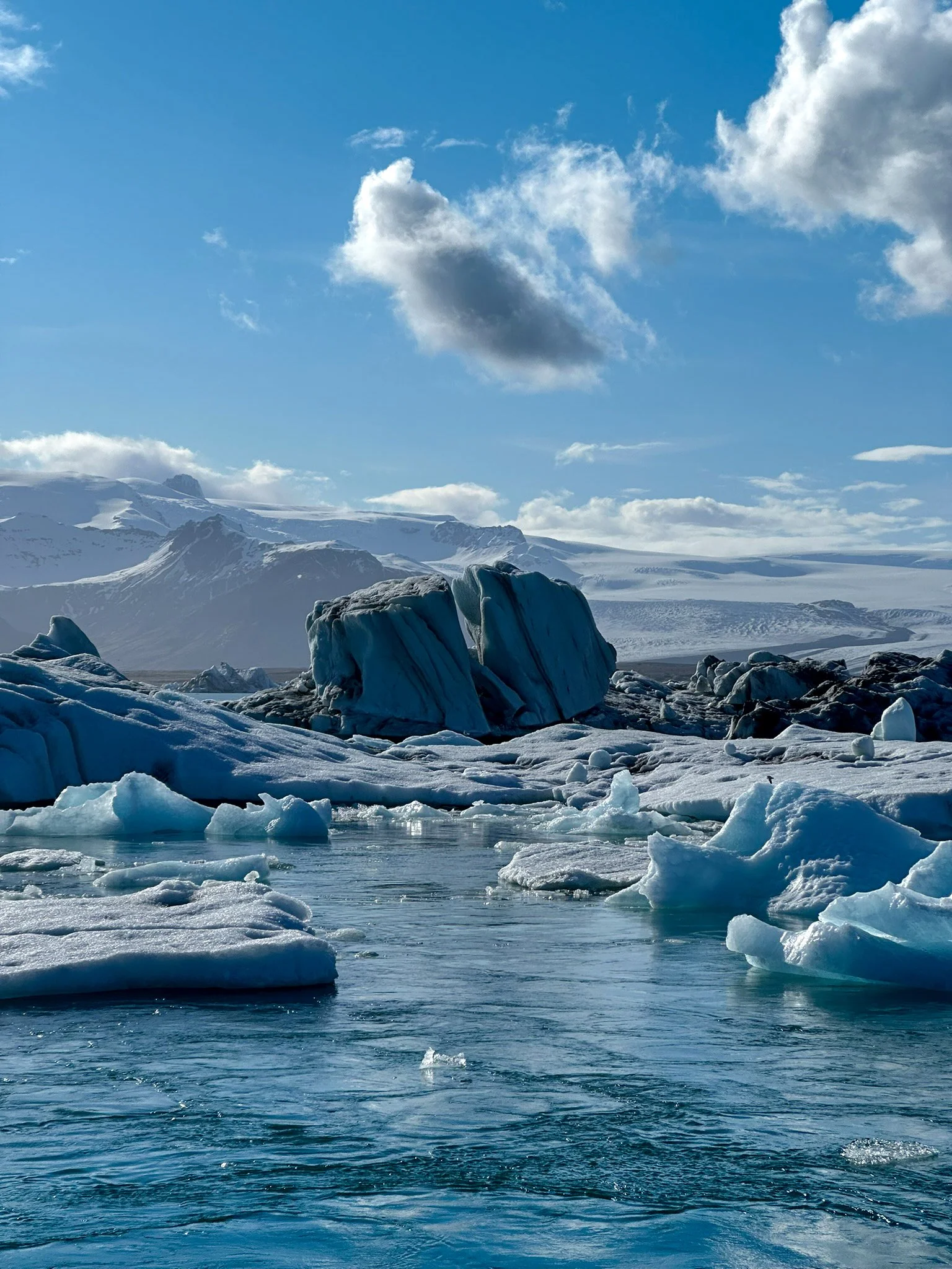 A cold Arctic landscape with icebergs floating in calm waters, snow-covered mountains in the background, and a partly cloudy sky.