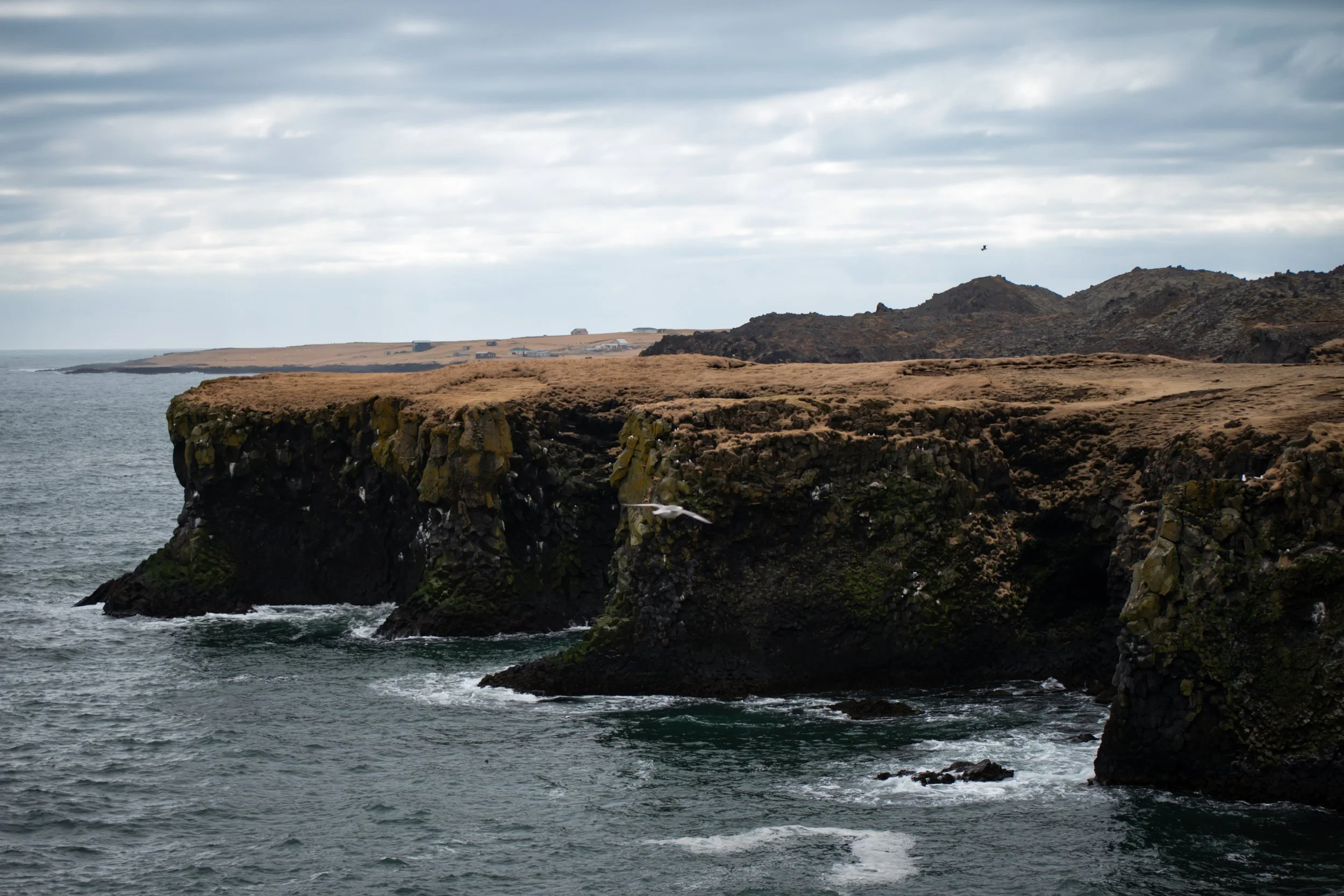 Coastal landscape with rocky cliffs and the ocean, clouds in the sky, and some distant buildings on the horizon.