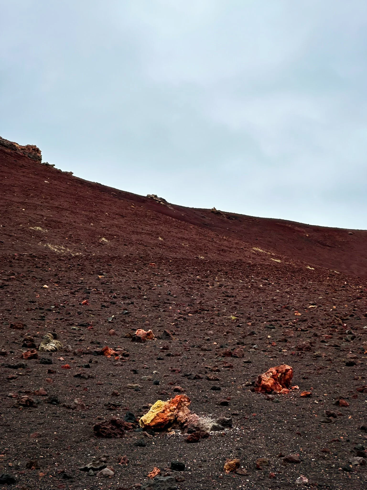 A barren, rocky landscape with dark reddish-brown soil and scattered rocks under a cloudy sky.