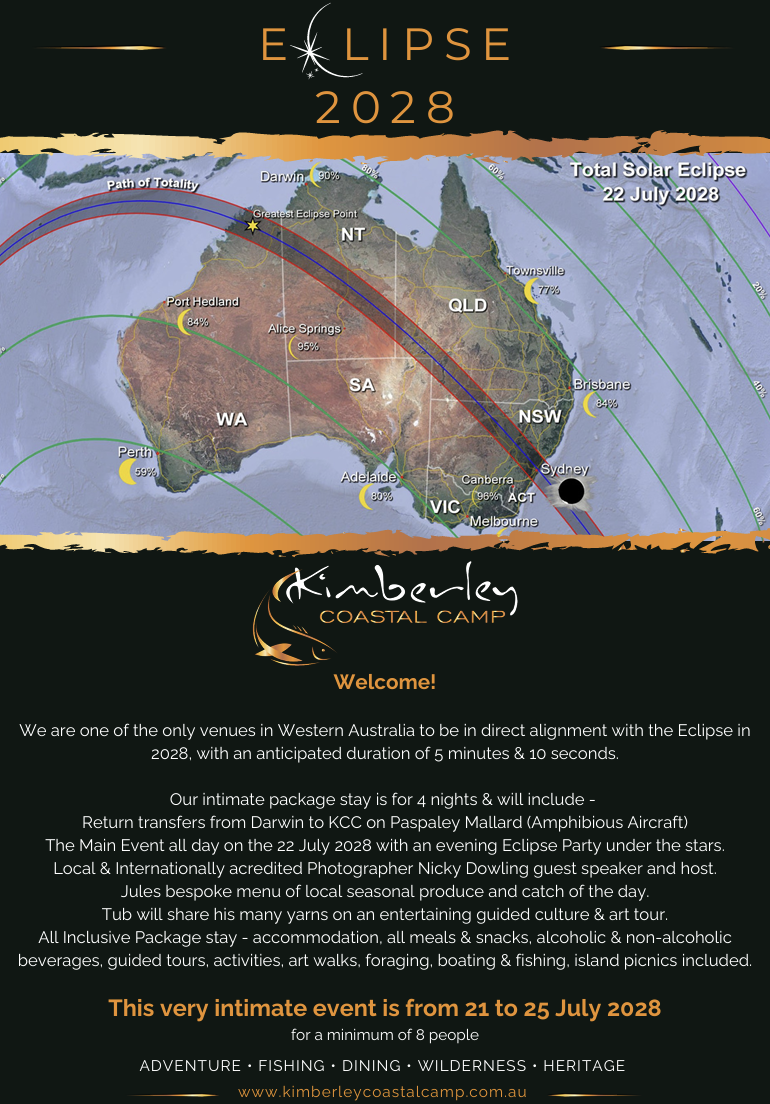 Map of Australia showing the path of the total solar eclipse on July 22, 2028, with a viewing event location at Kimberley Coastal Camp. The map marks cities and states, with the eclipse path crossing Northern Australia.