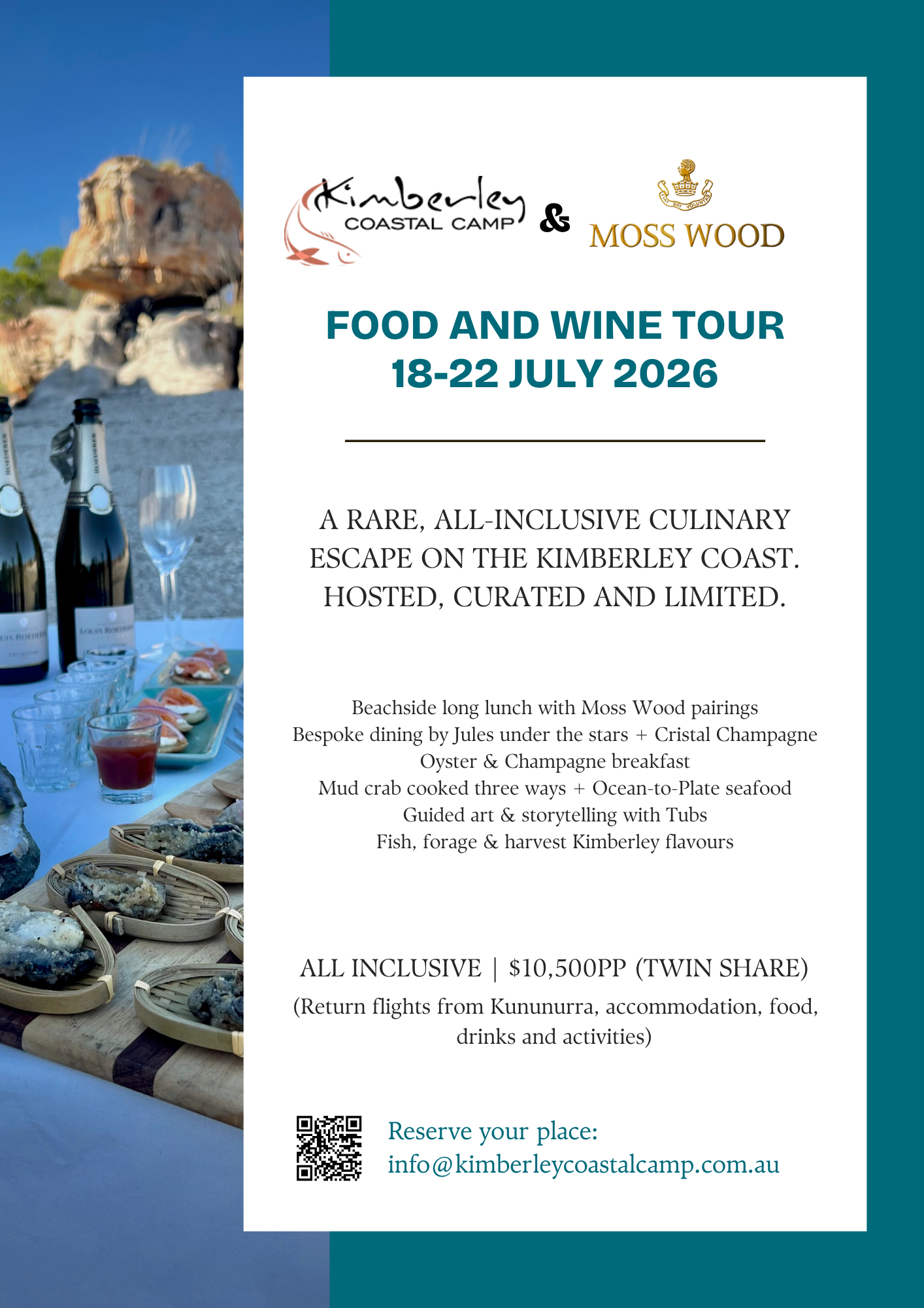 Flyer for Kimberley Coastal Camp and Moss Wood's food and wine tour from July 18-22, 2026, featuring seafood, champagne, and activities along the Kimberley coast.