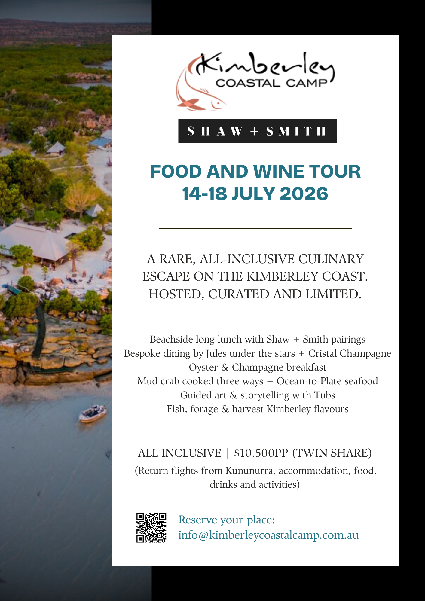Poster for Kimberley Coastal Camp food and wine tour, July 14-18, 2026, featuring all-inclusive meals, ocean-to-plate seafood, guided art and storytelling, and return flights from Kununurra.
