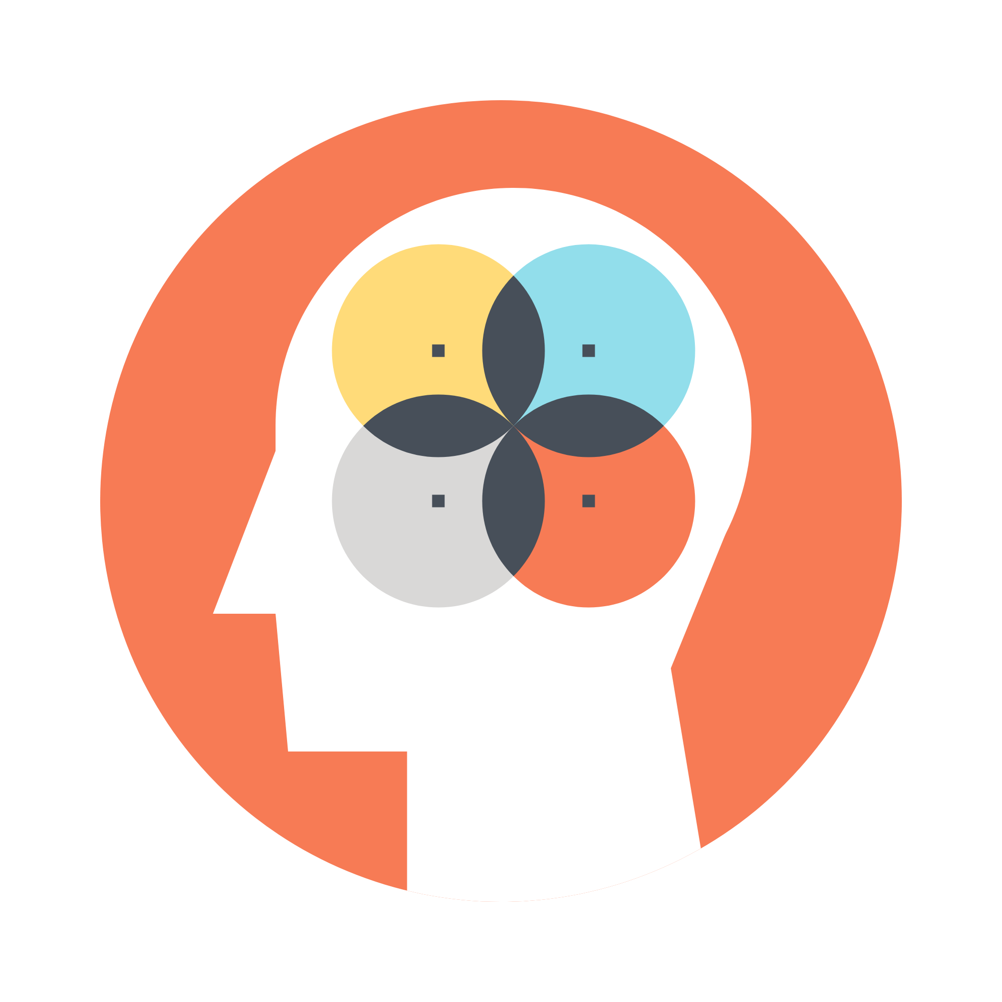 Ilustración de un perfil de cabeza humana vista de lado con círculos de colores y formas que representan diferentes áreas del cerebro y pensamientos.