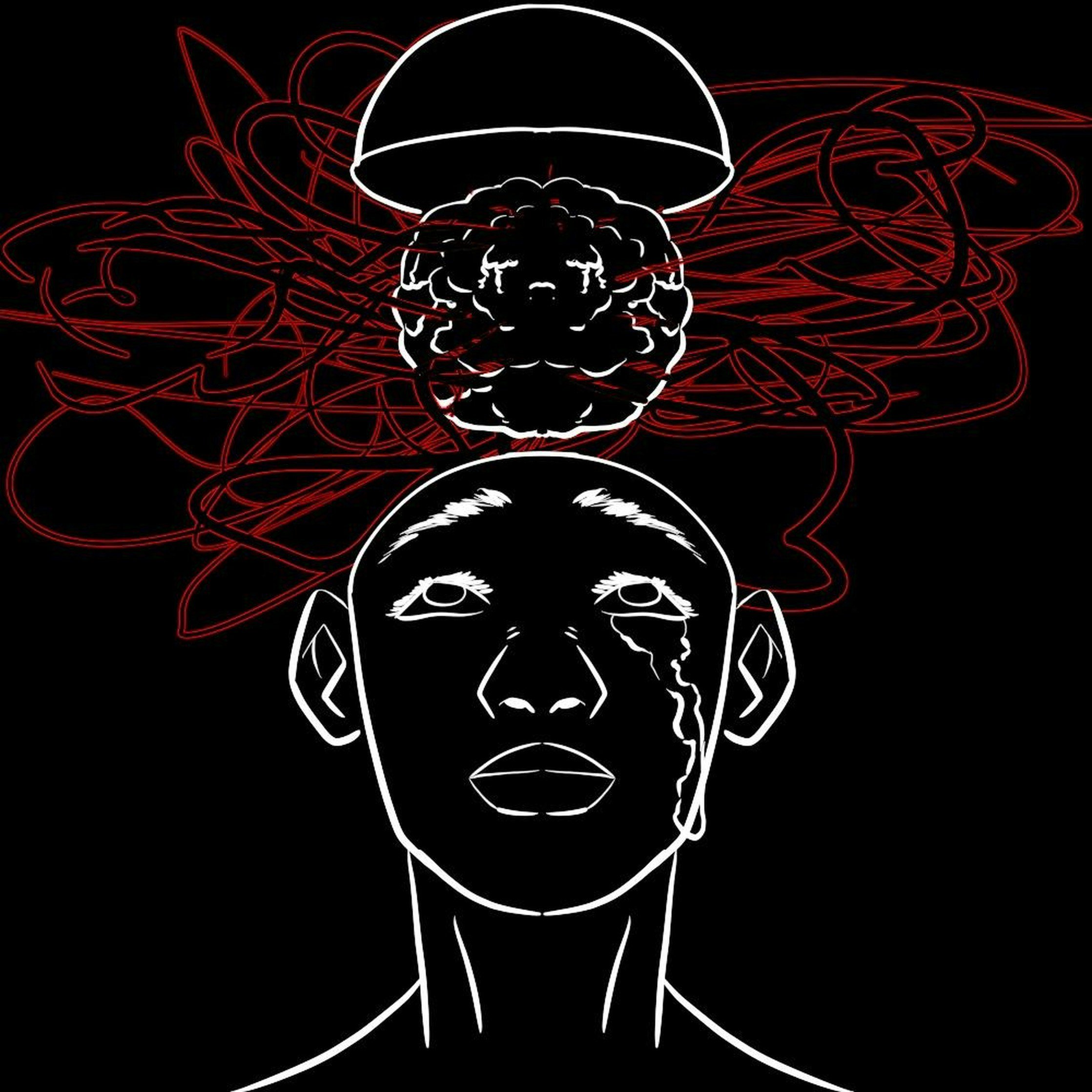 Ilustración de un rostro humano con líneas blancas en fondo negro, con un cerebro y líneas rojas representando pensamientos o ideas saliendo de la cabeza.