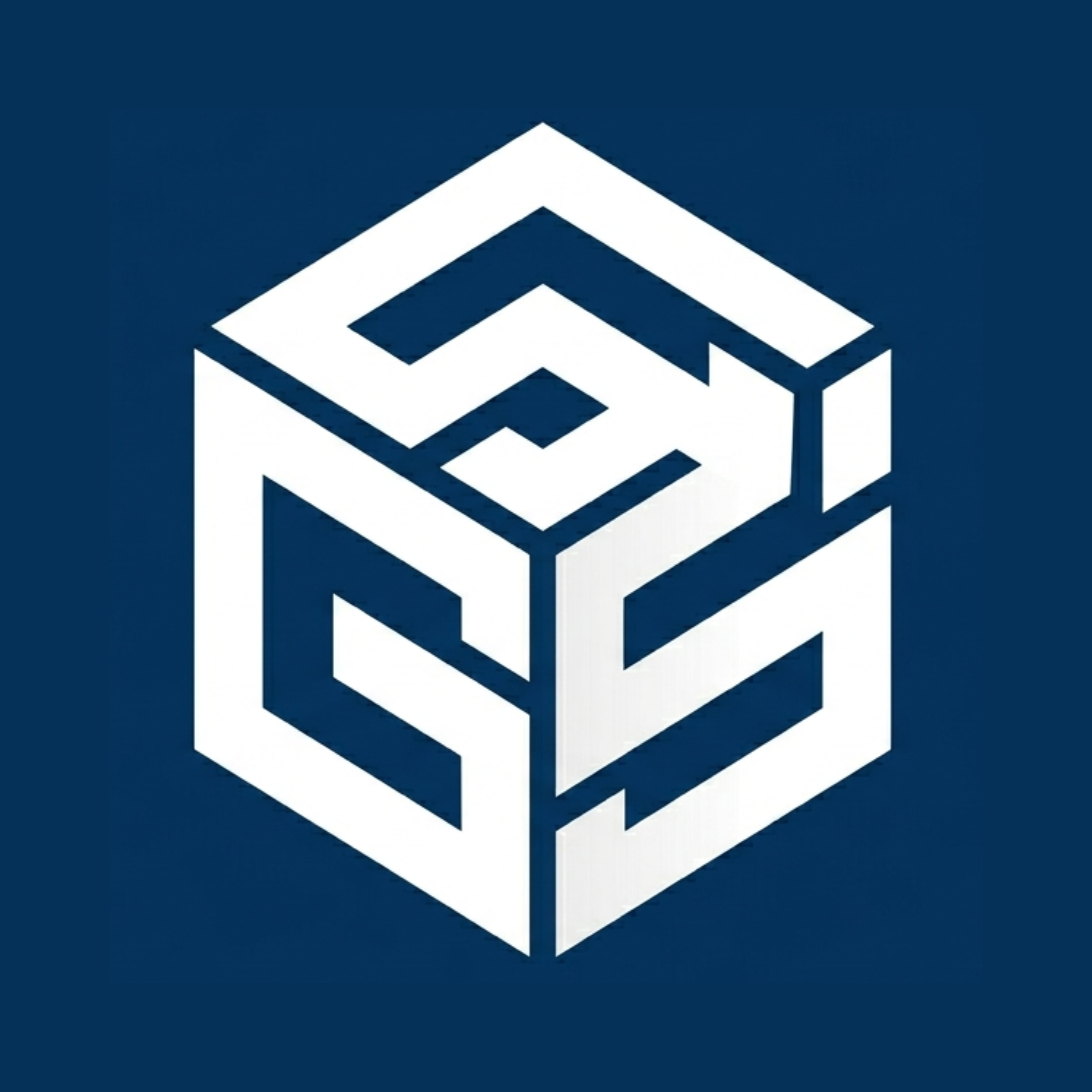 Logo blanco y azul con forma de cubo 3D con letras que forman 'F' y 'E' en su interior