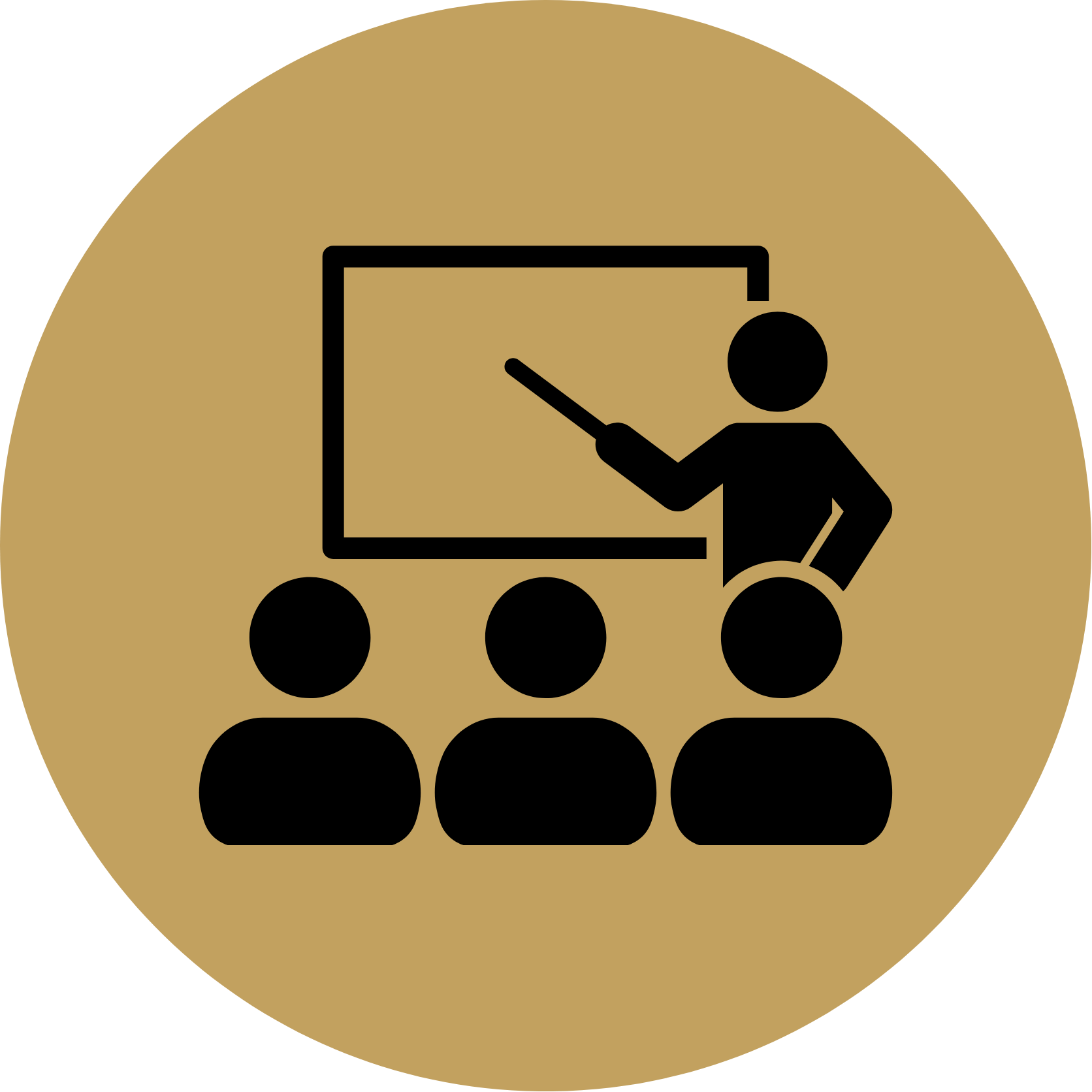 Icono de una persona enseñando en una pizarra a tres personas en un círculo con fondo color dorado.