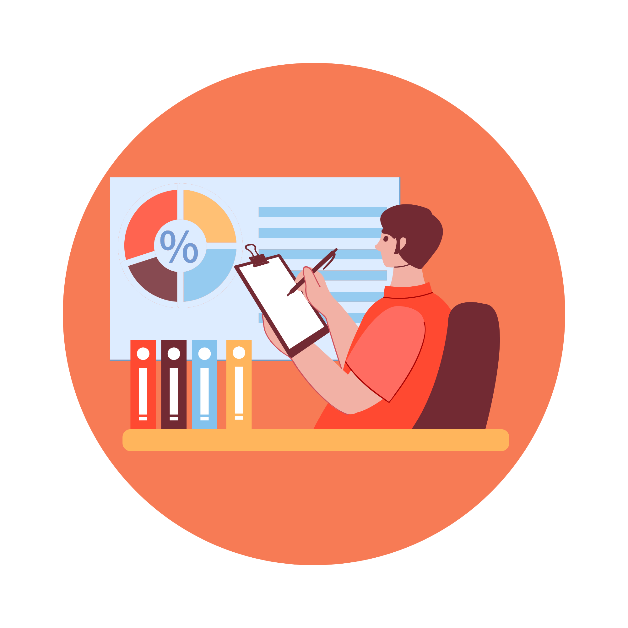 Una persona trabajando en un análisis de datos, con un gráfico circular y barras en una pizarra, sosteniendo una libreta y un bolígrafo, en un entorno de oficina.