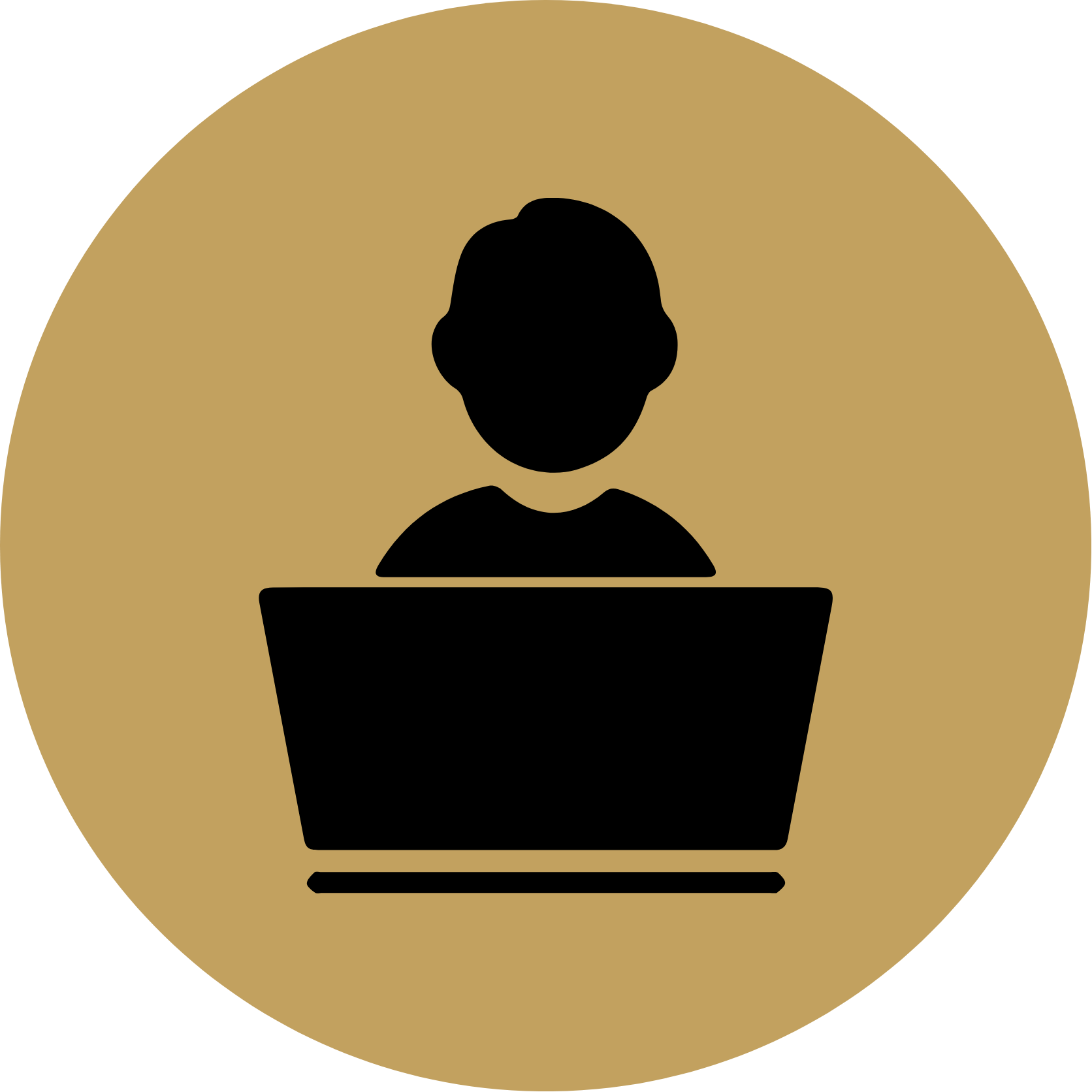 Icono de una persona usando una computadora portátil, en fondo beige circular.