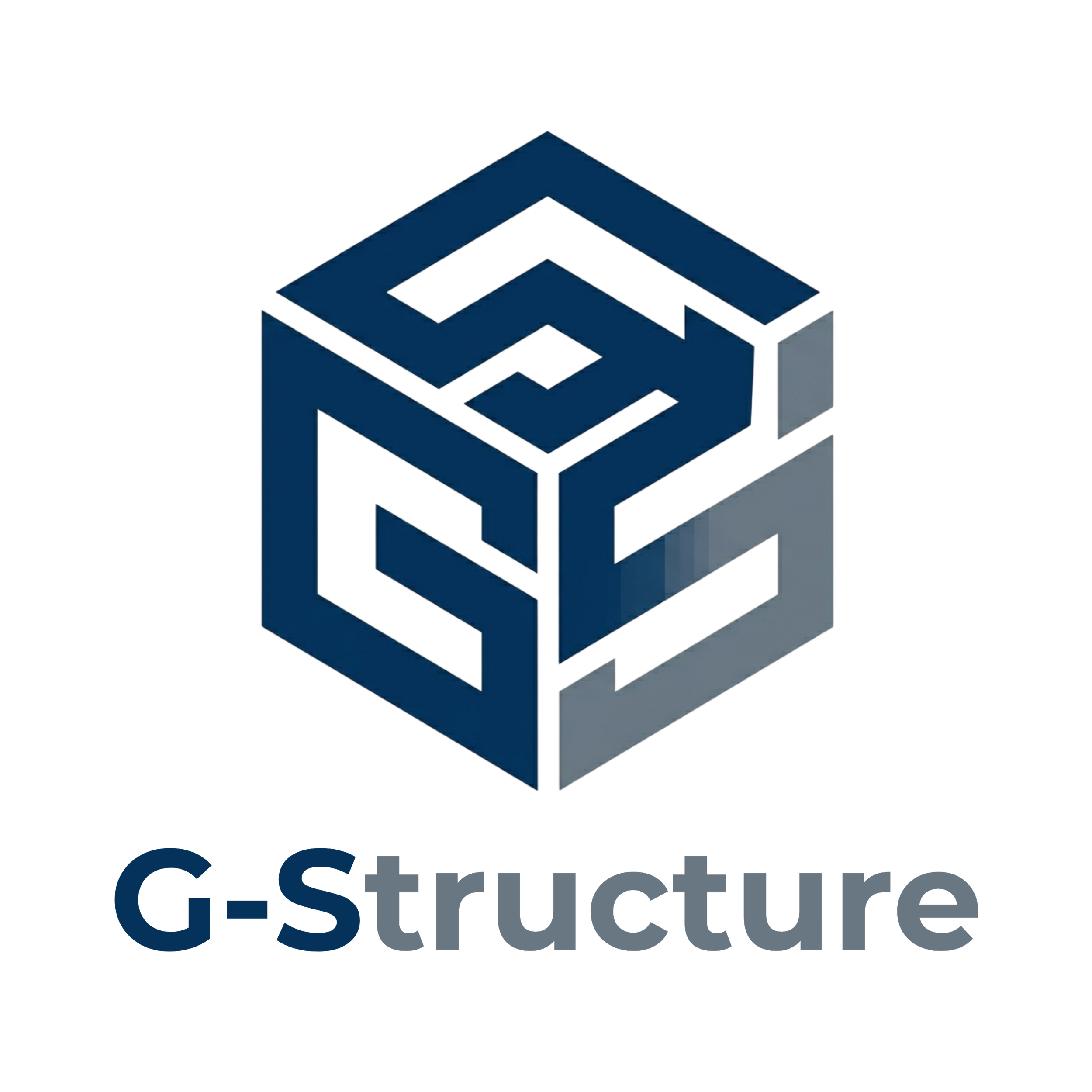 Logotipo en 3D de una estructura de bloques en forma de cubo con líneas en azul y gris, y texto que dice "G-structure" debajo.