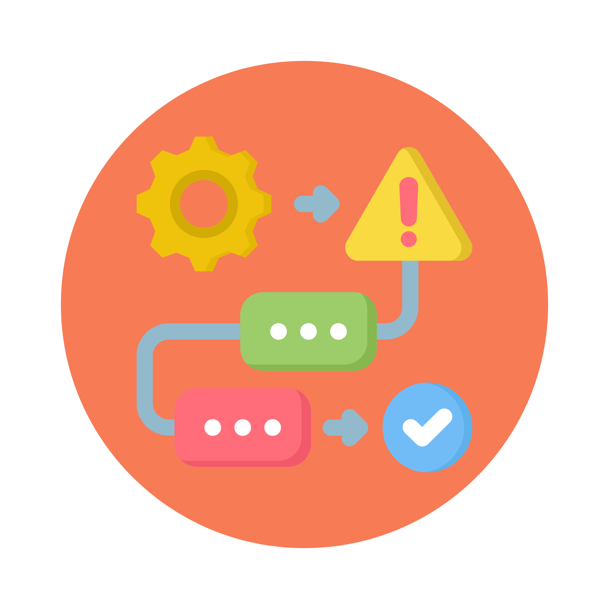 Diagrama de flujo con engranaje, rectángulas con puntos, símbolo de advertencia y marca de verificar, en colores pastel sobre fondo naranja.