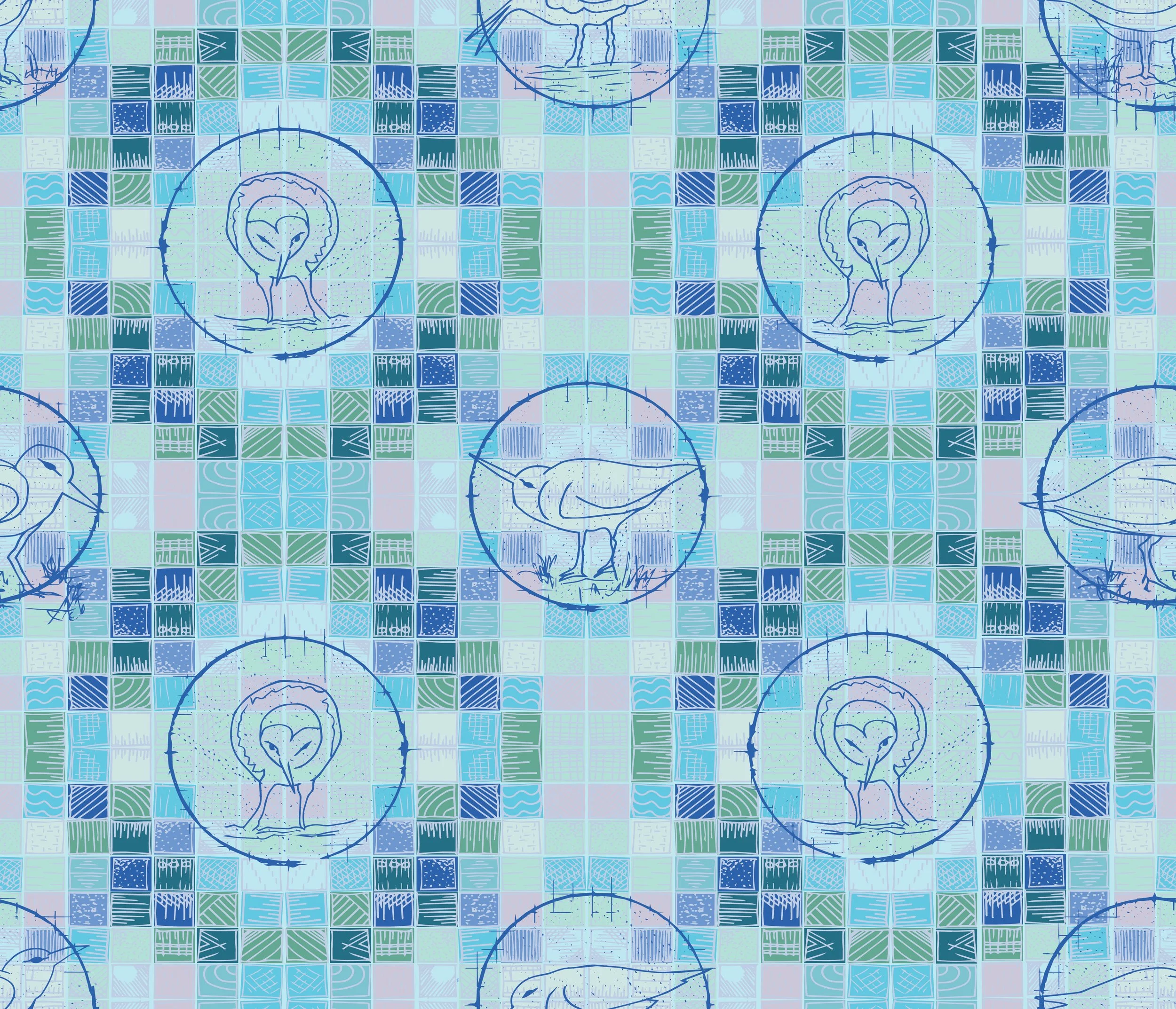 Long-legged shore birds move quietly through this pattern — hand-drawn and enclosed in soft circles, they stand against a watercolour mosaic that shifts between deep tidal blue and pale morning light.