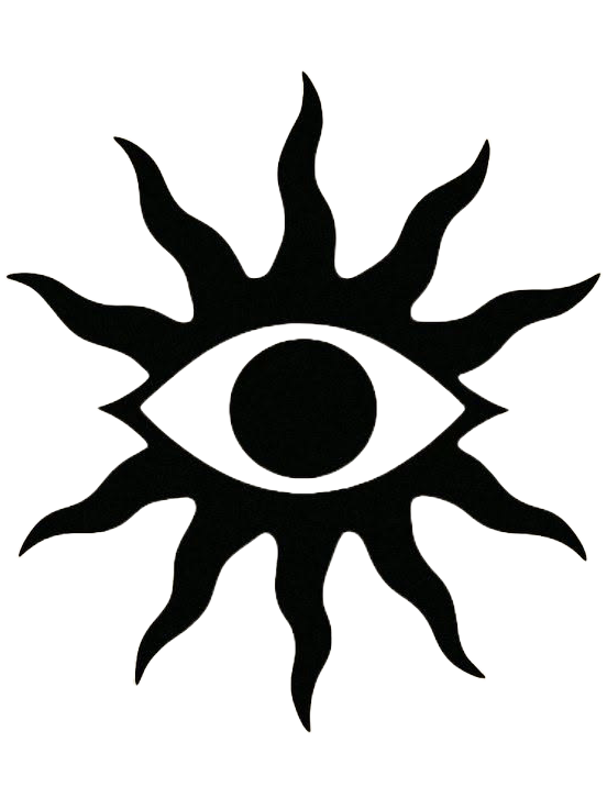 A black background with a white outline of a sun with multiple wavy rays, and a stylized eye in the center.