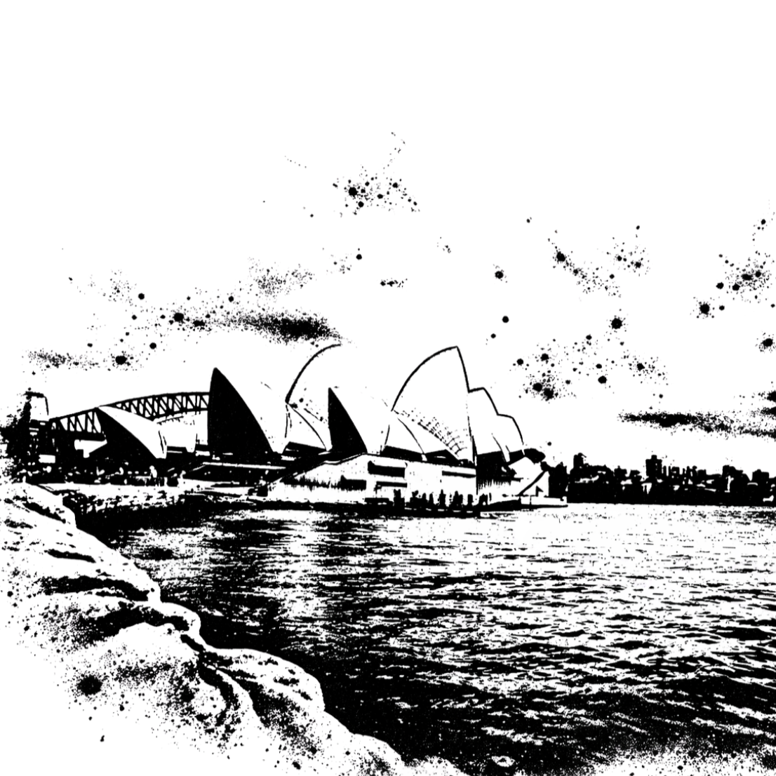 Black and white photo of Sydney Harbour with the Sydney Opera House and city skyline at night, reflections on water, fireworks in the sky.