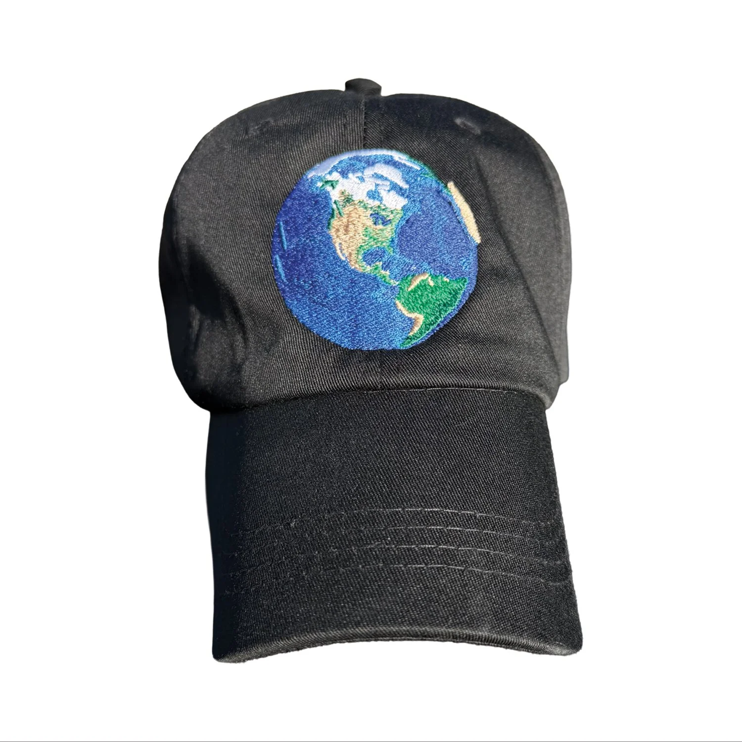 Black baseball cap with an embroidered Earth globe on the front.