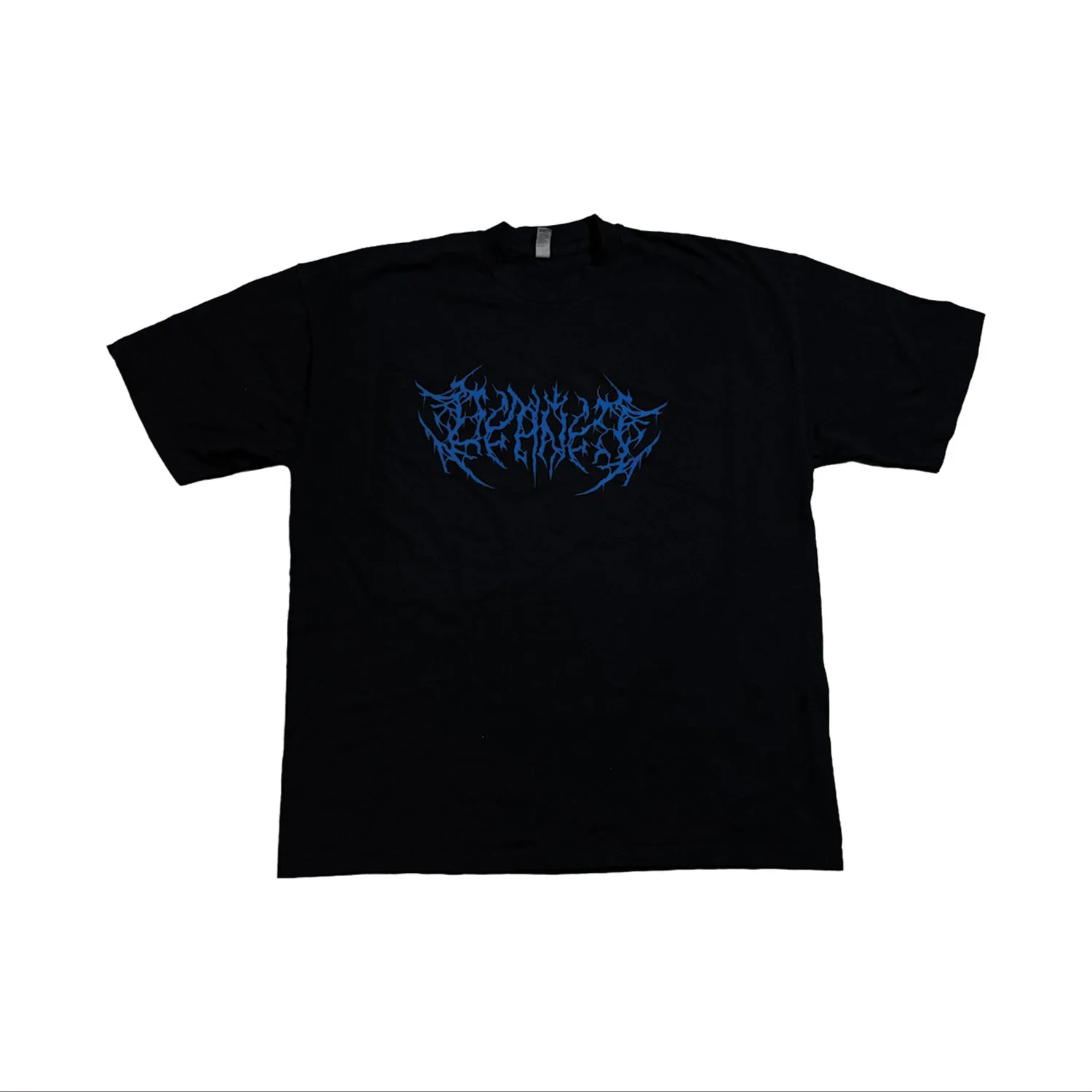 Black T-shirt with blue text in a graffiti style design.