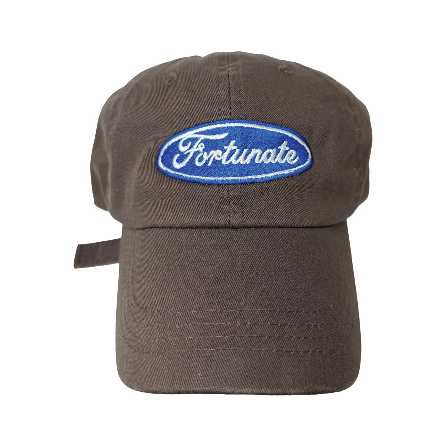 Brown baseball cap with blue and white embroidered patch reading 'Fortunate'