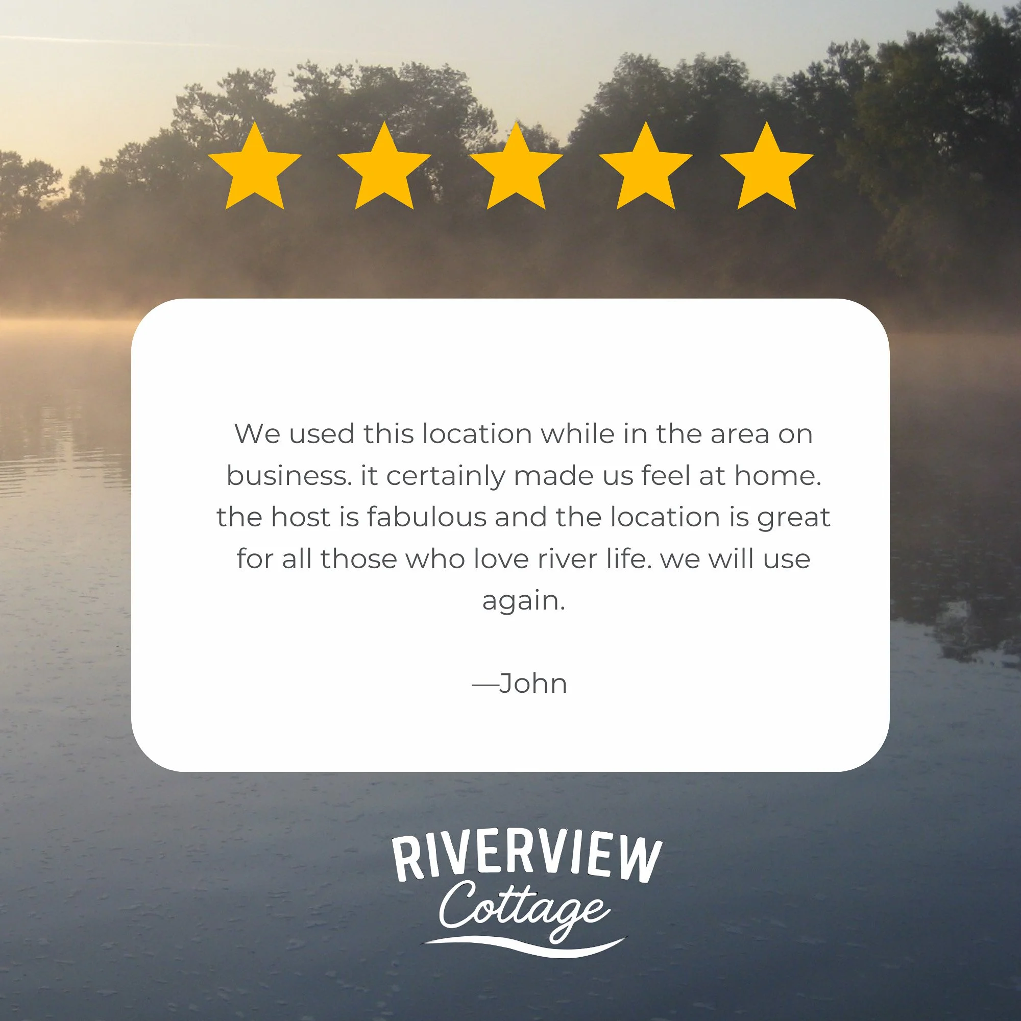 A river scene with calm water and trees in the background. Overlaid are five gold stars, a white review box with black text, and the name 'Riverview Cottage' at the bottom.