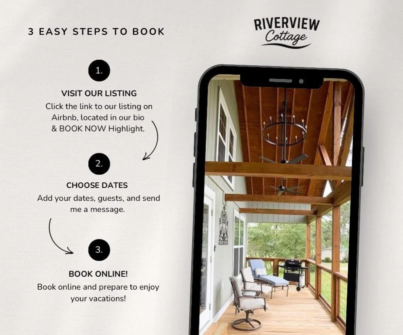 A flyer displays three steps to book a rental at Riverview Cottage, featuring a smartphone showing a porch with outdoor furniture, a chandelier, a ceiling fan, and greenery outside.