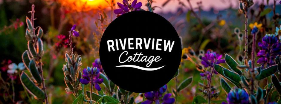 Sunset over a garden with purple, pink, and blue flowering plants in front of a graph of a black circle with white text that reads 'Riverview Cottage'