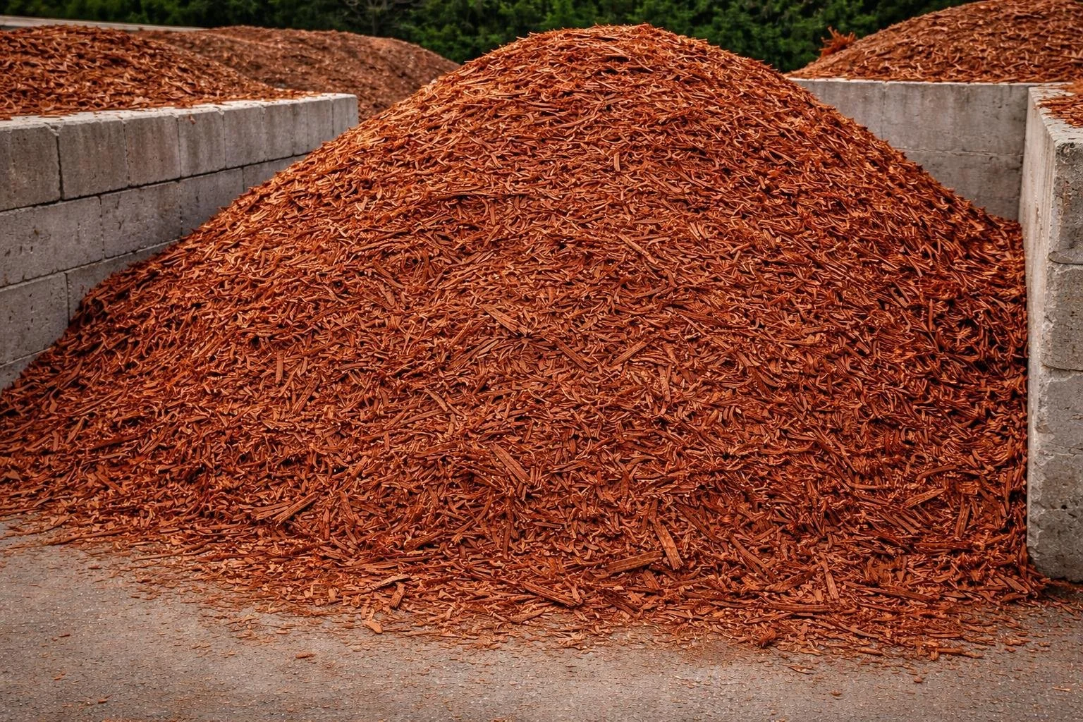 Large pile of reddish-brown wood chips or bark mulch inside a concrete block enclosure