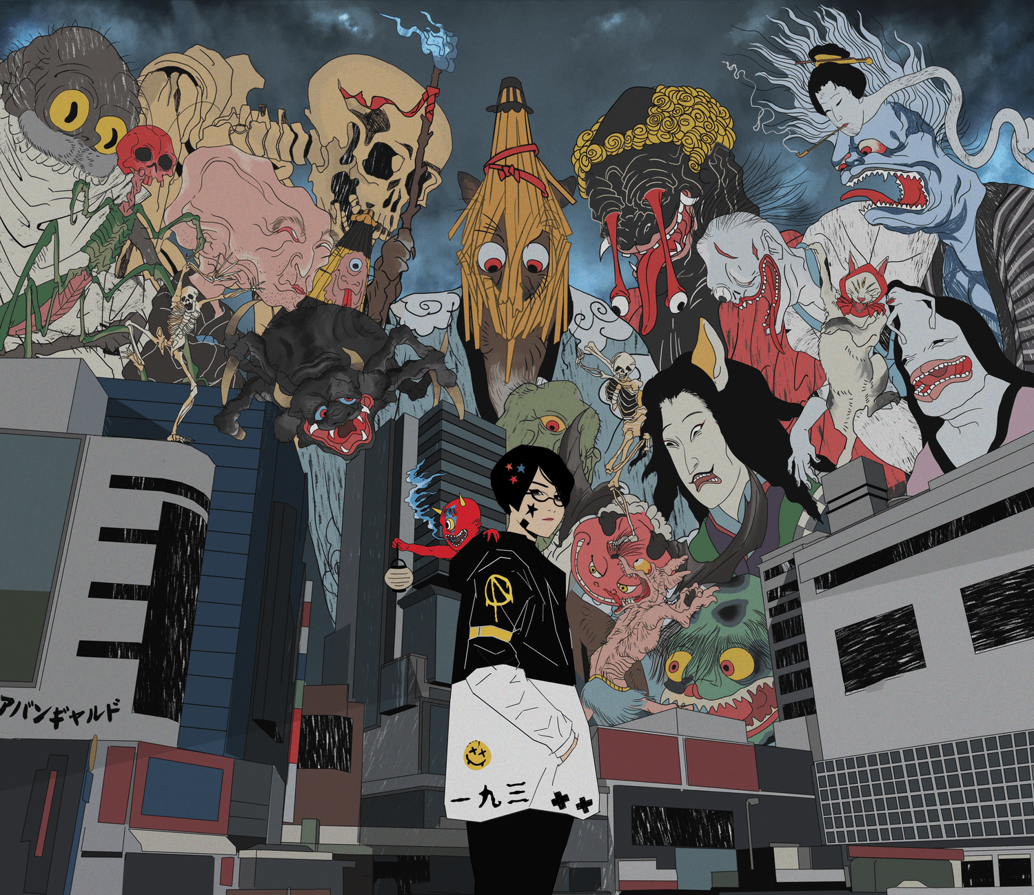 A person with short black hair, glasses, and a black hoodie with stickers, stands in front of a cityscape with tall buildings. The background features a large mural or display of many monstrous, mythological, and fantastical creatures, such as demons, monsters, and spirits, towering over the city.
