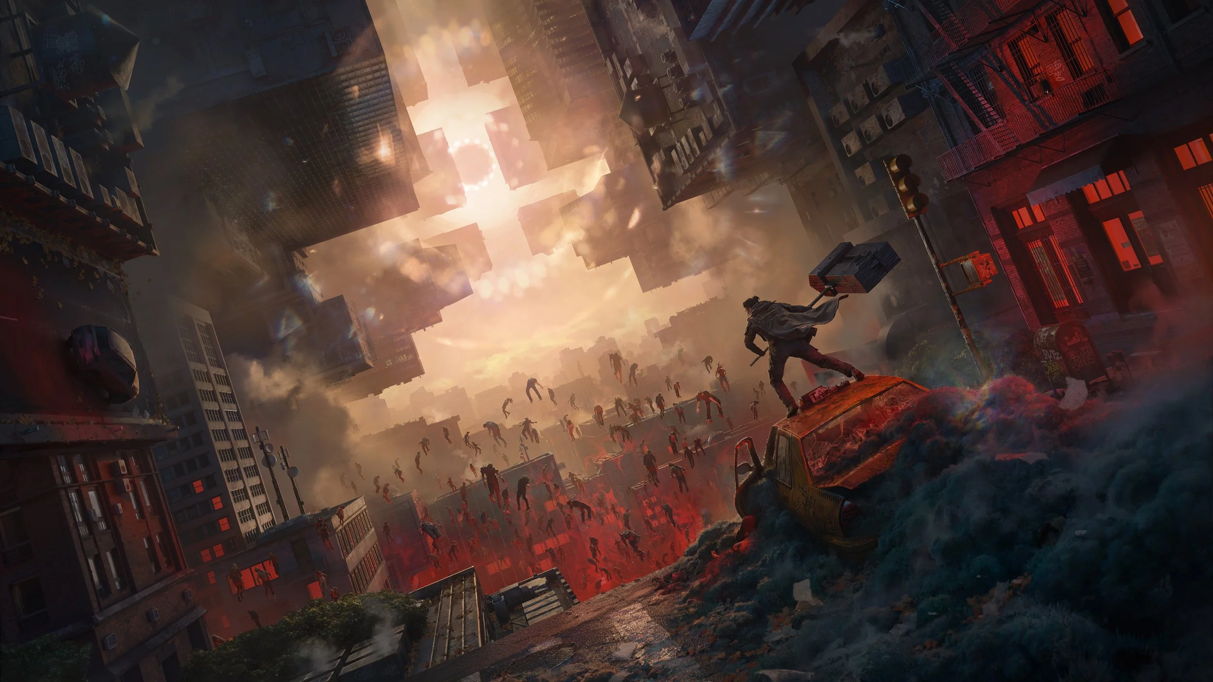 Digital artwork depicting a city in chaos with zombies. A person stands on a vehicle holding a weapon, surrounded by numerous zombies in a city setting with tall buildings and a fiery, smoky sky.