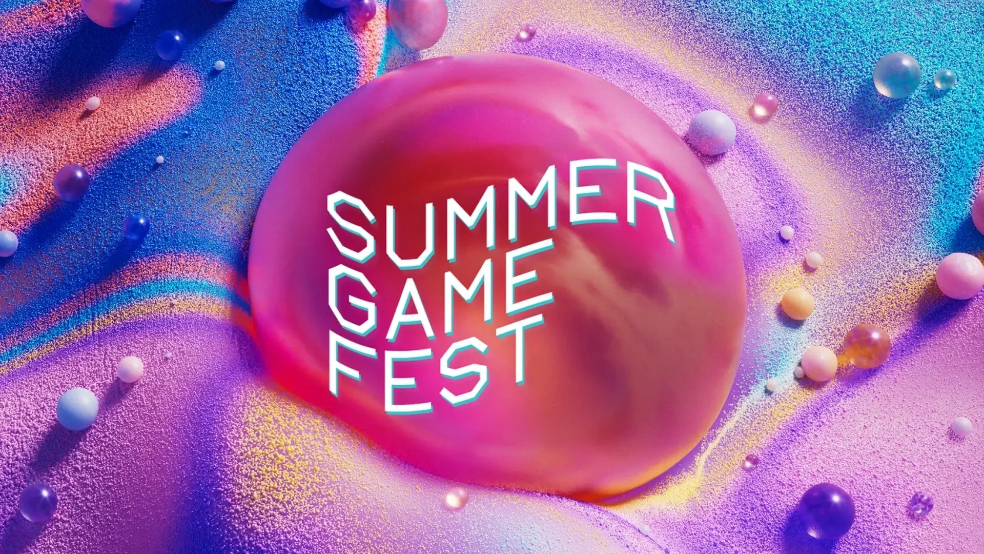 Colorful digital artwork with a pink sphere in center, with the text 'Summer Game Fest' written across it, surrounded by smaller multicolored spheres and vibrant textured background.