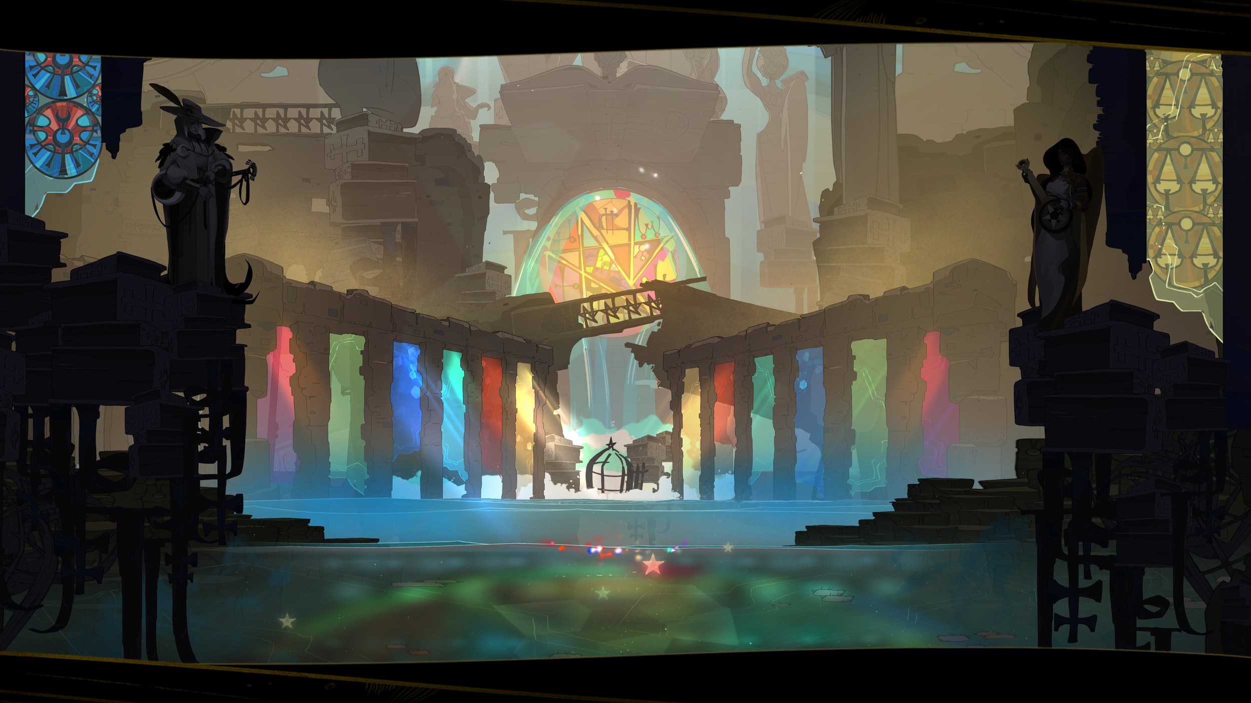A fantastical scene featuring a large, glowing stained glass window with a pentagram and celestial symbols behind crumbling ruins and statues. Two dark, mysterious statues stand on either side of the scene, and there is a colorful, vibrant light reflecting on the water below. The setting has an ancient, mystical atmosphere with broken pillars and ruins.