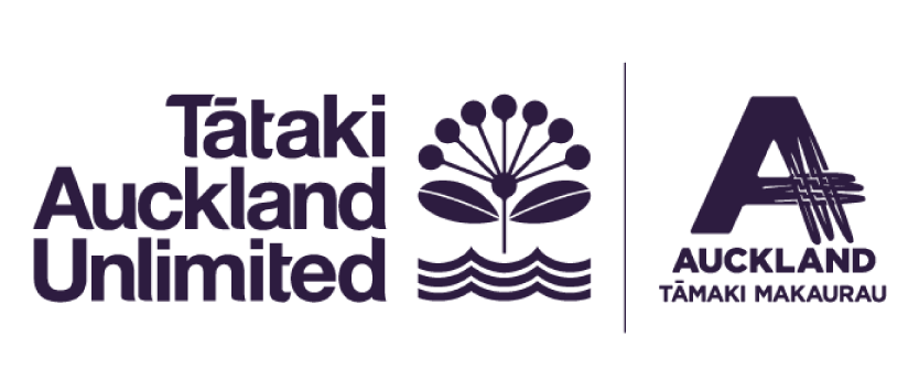Logo with text 'Tātaki Auckland Unlimited', an abstract flower, water waves, and a stylized 'A' with the text 'Auckland Tāmaki Makaurau'.